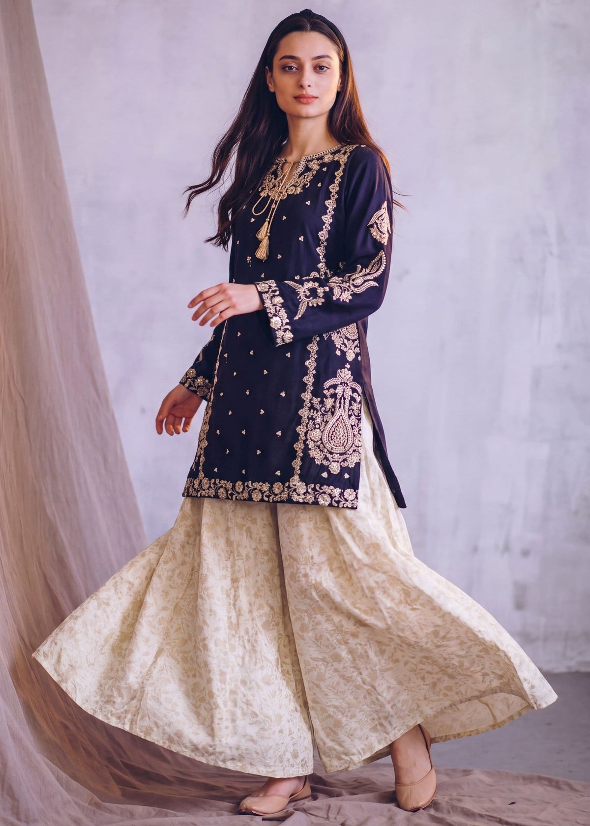 Navy Blue Embroidered Cotton Sharara Online in KSA Riyadh Saudi Arabia Oman Bahrain Qatar