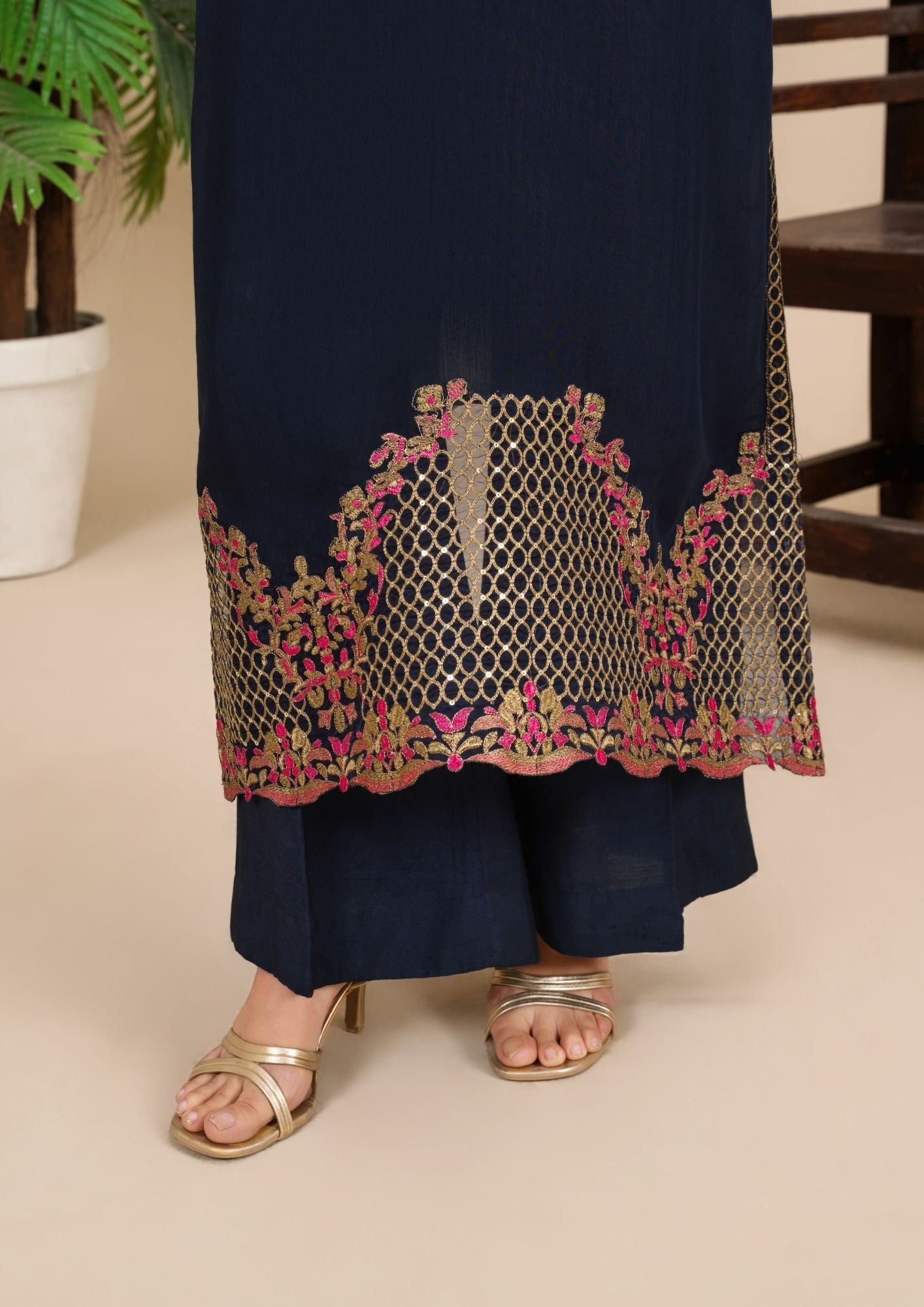 Navy Blue Embroidered Viscose Raw Silk Party Wear Dress Online in KSA Riyadh Saudi Arabia Oman Bahrain Qatar