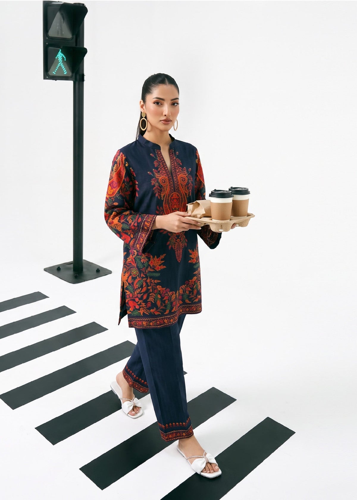 Navy Blue Printed Slub Lawn Kurta Set Online in Sri Lanka India Australia