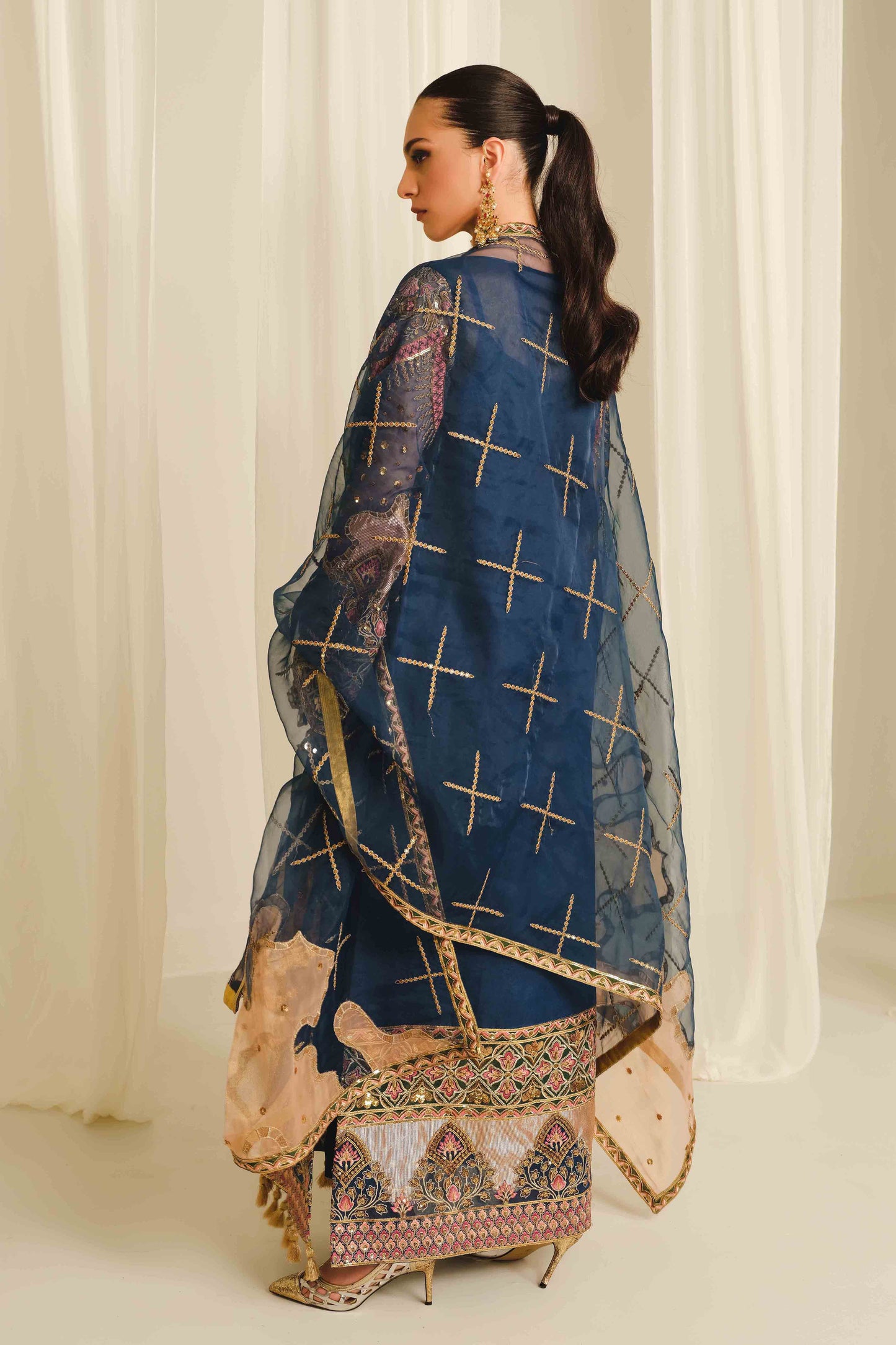 Navy Blue Embroidered Organza Suit
