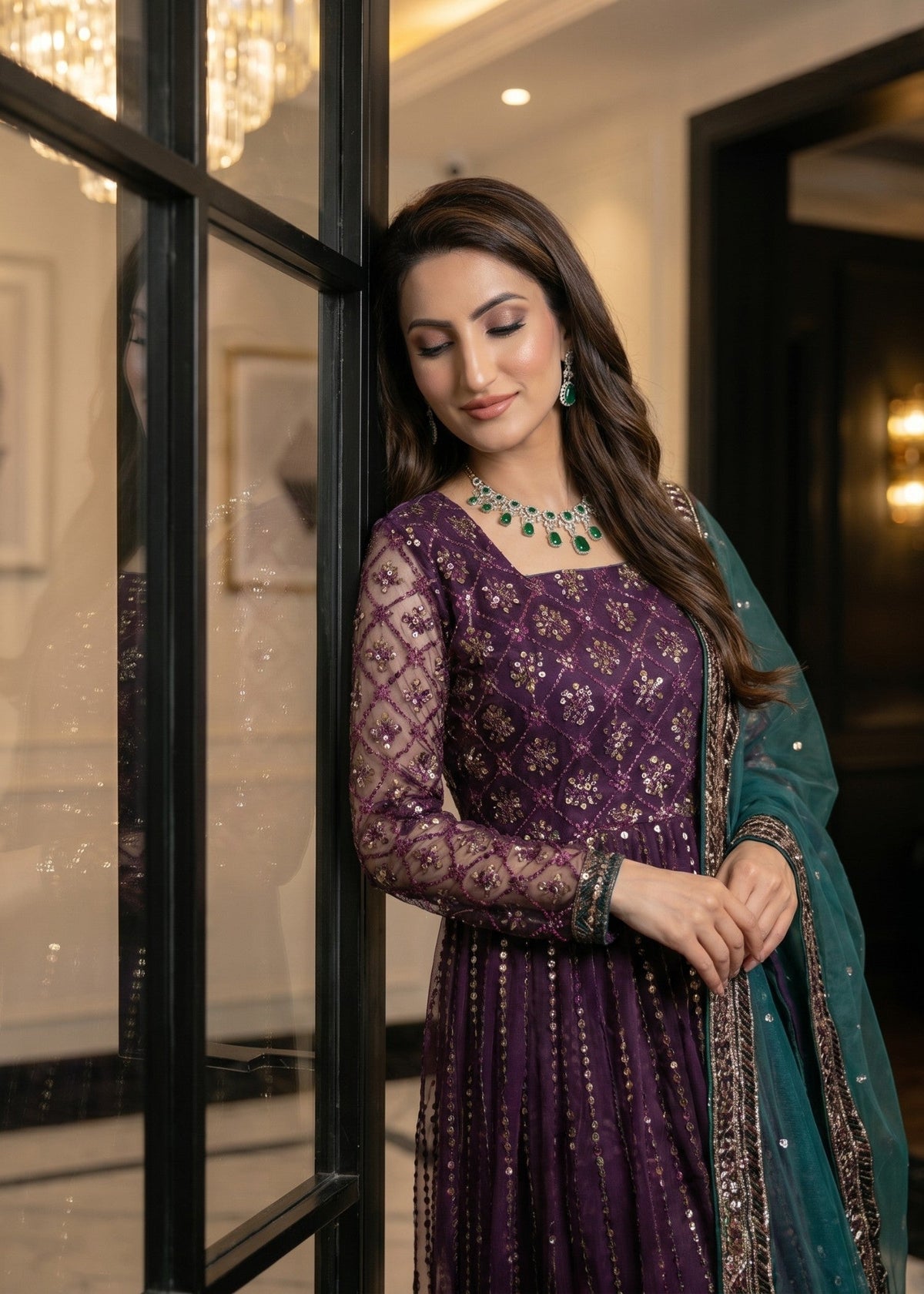 Net Purple Pishwas with Embroidery Online in Sri Lanka India Australia