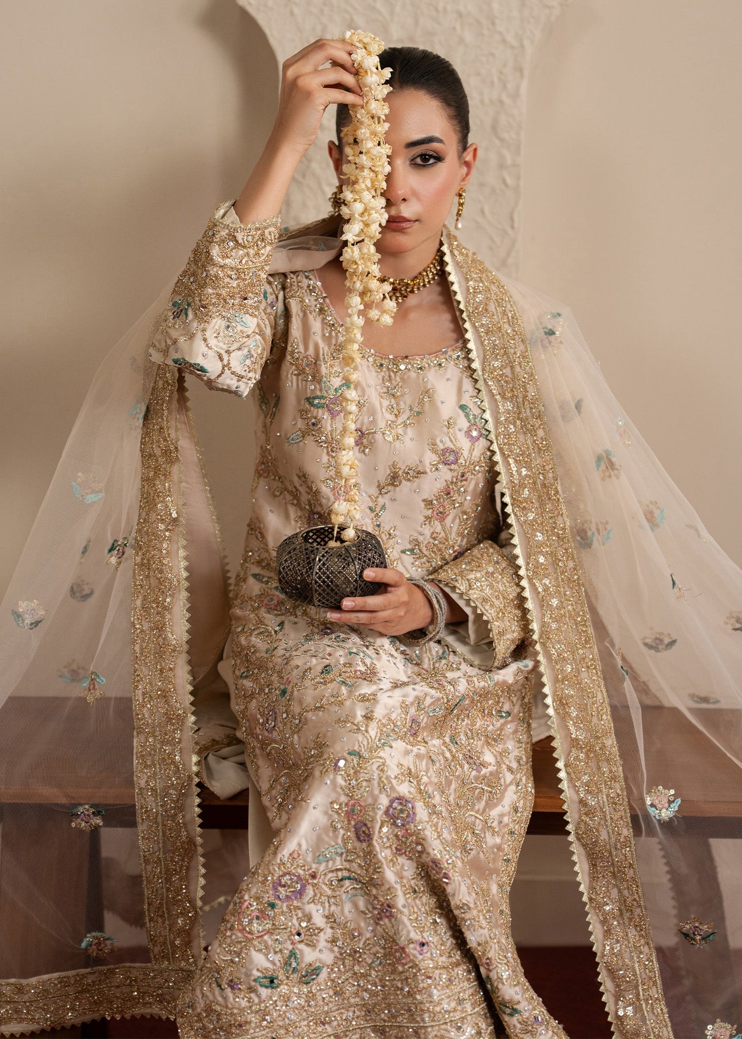 Off-White Embellished Net Kurta Suit Online in UK USA Canada