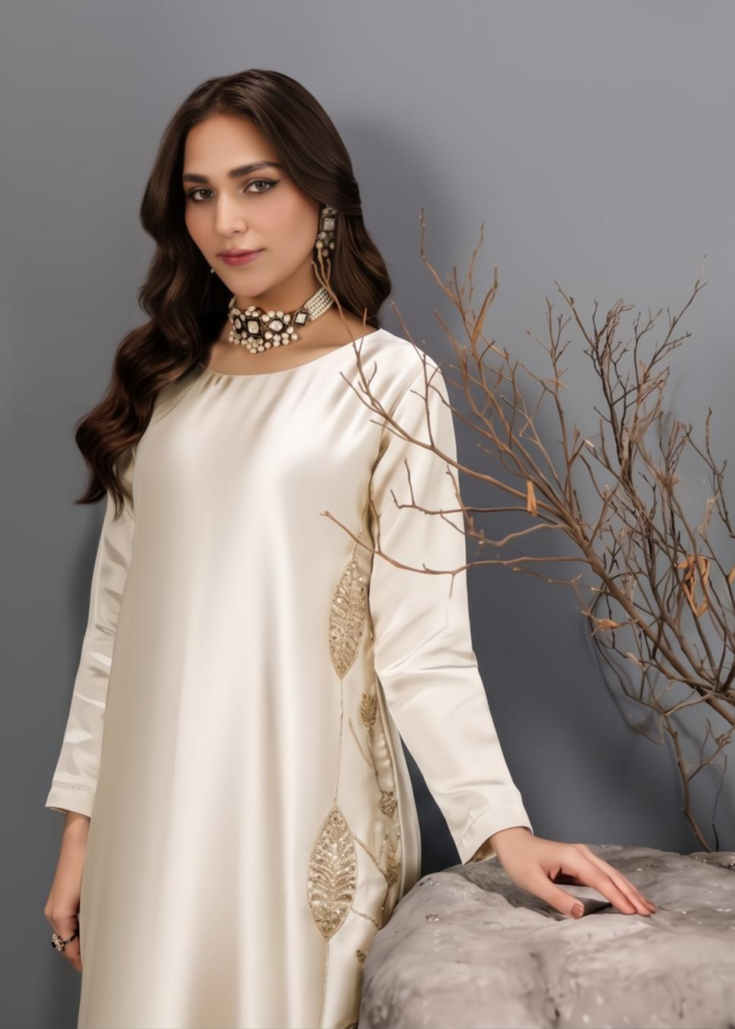 Off-White Embroidered Three Piece Suit Online in Sri Lanka India Australia