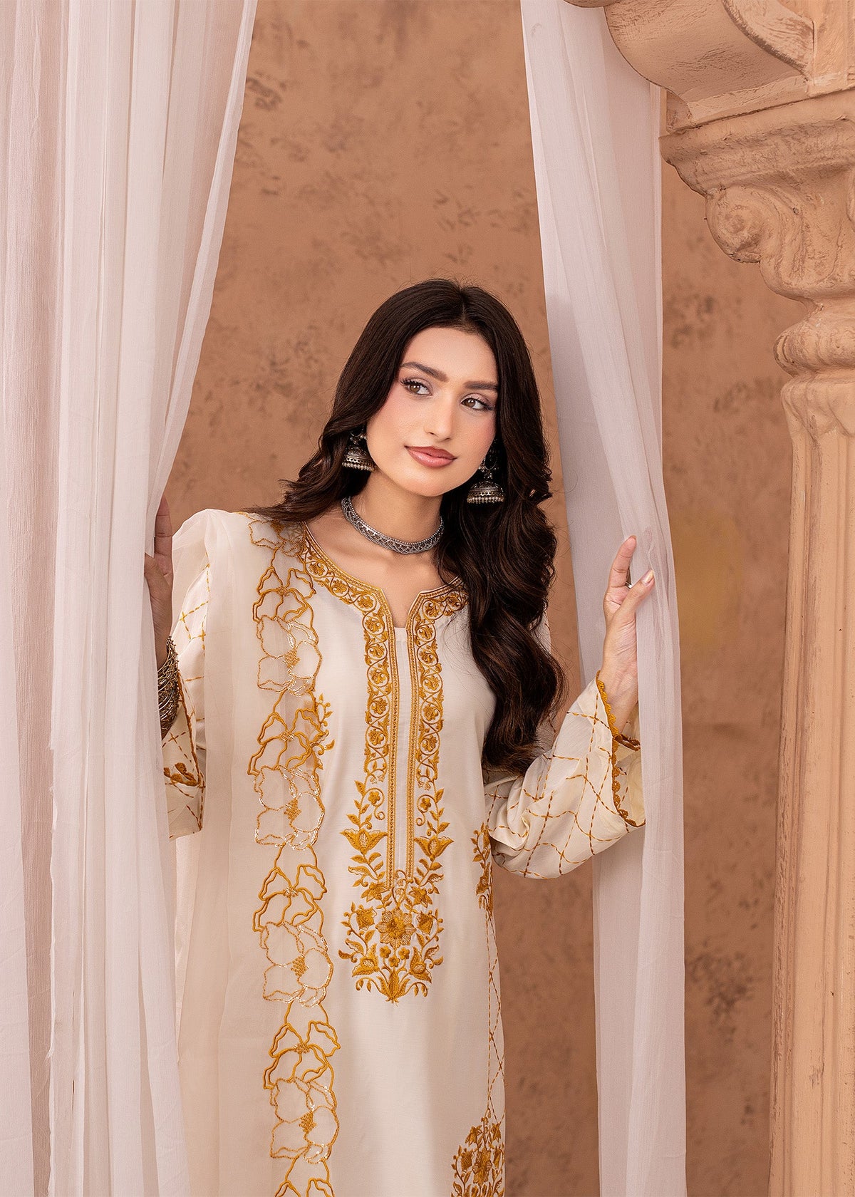Off-White Viscose Embroidered Partywear Suit Online in Dubai UAE Abudhabi Ajman Sharjah