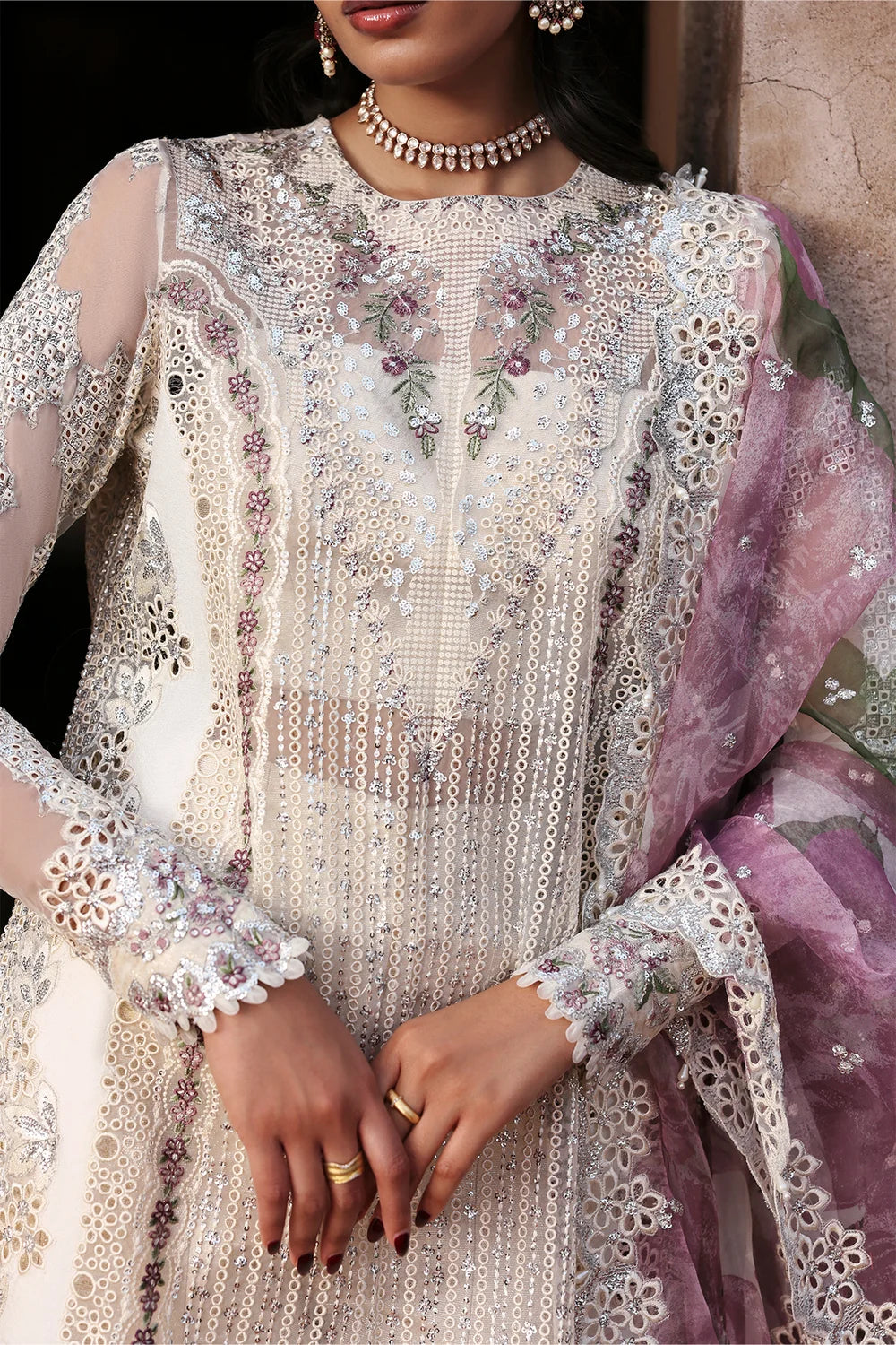 Off White Cutwork & Sequins Embroidered Organza Suit