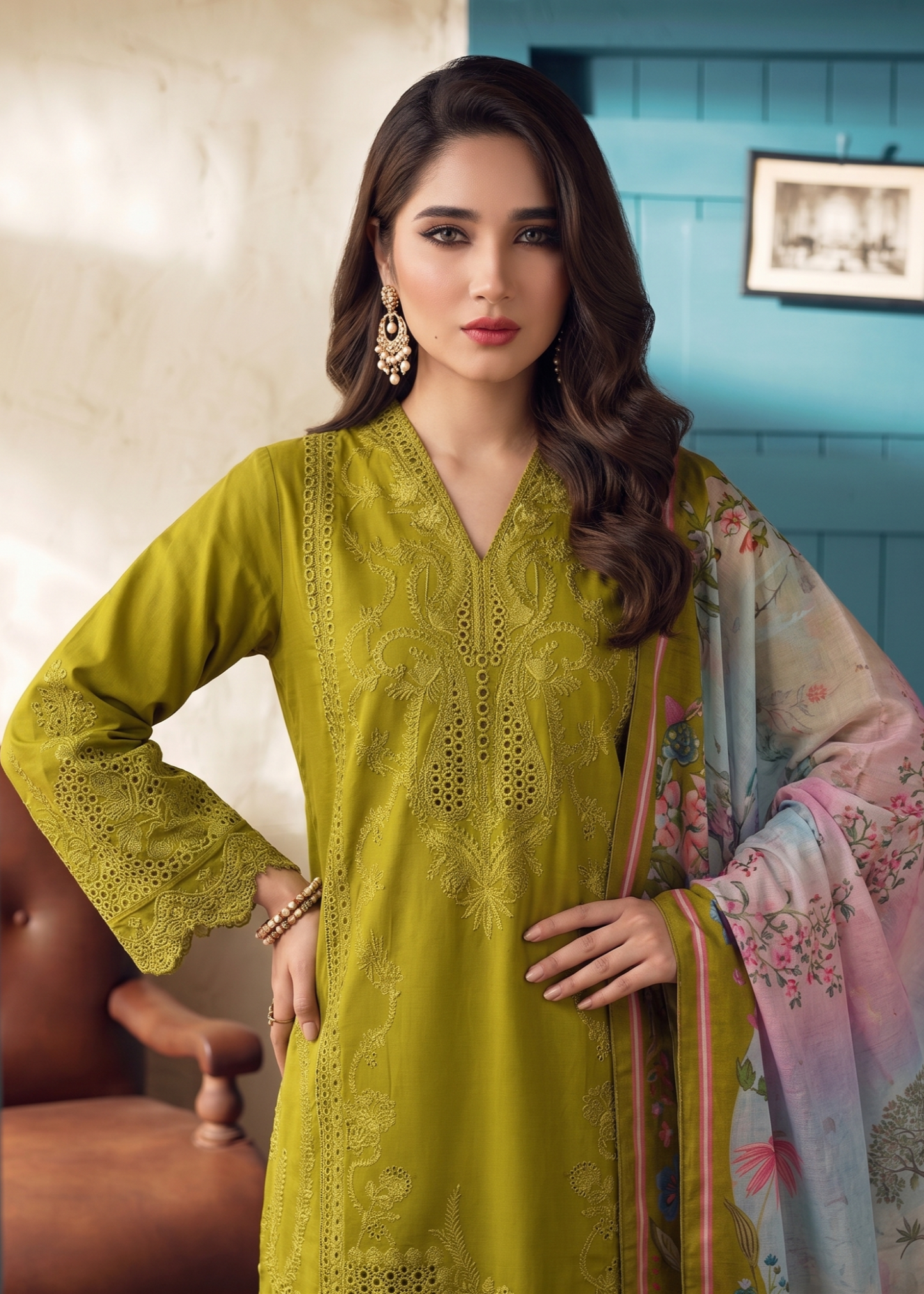 Olive Green Lawn Embroidered Partywear Suit Online in Dubai DXB UAE Abudhabi Meena Bazaar