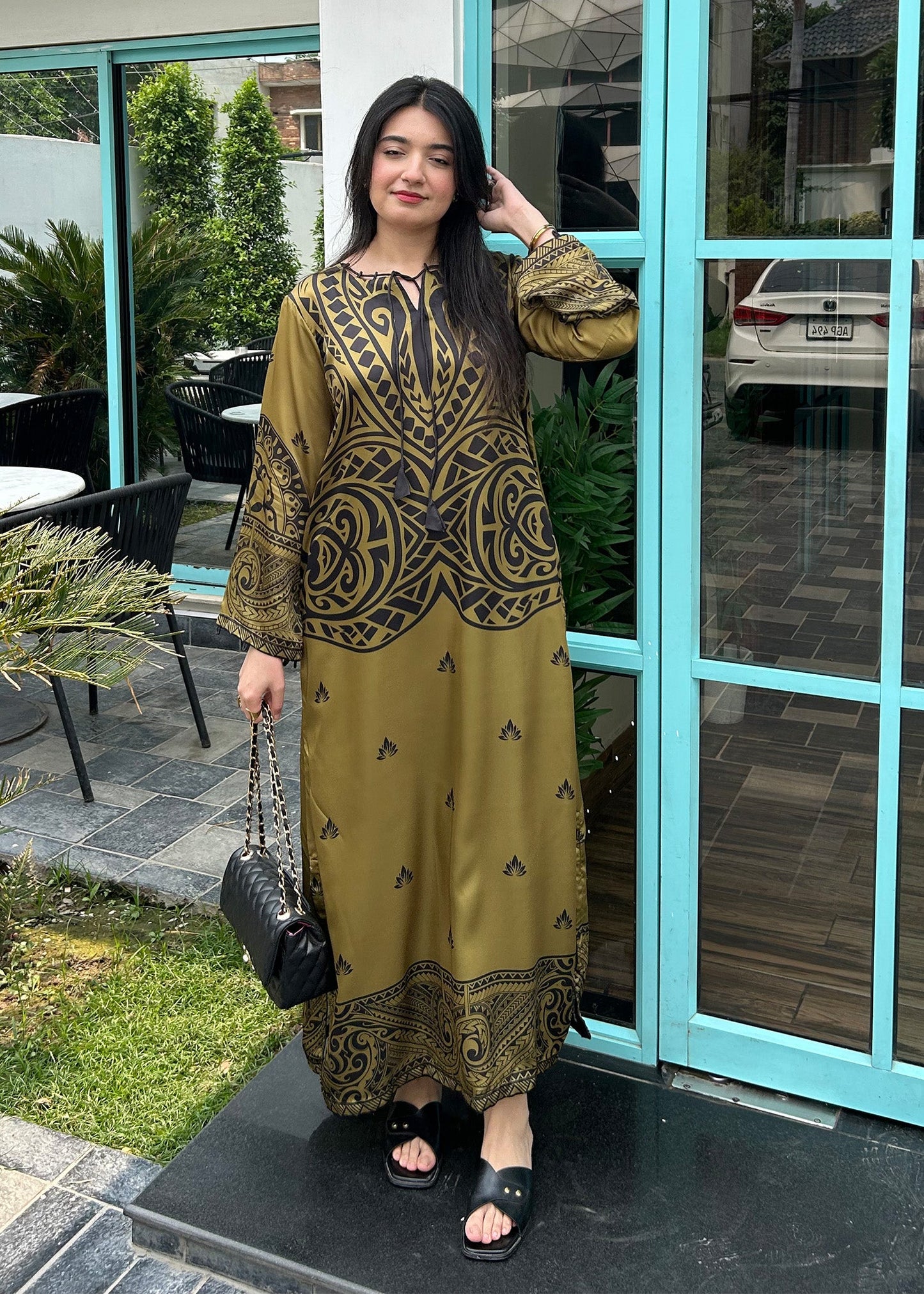 Olive Green Satin Silk Printed Kaftan Online in Sri Lanka India Australia