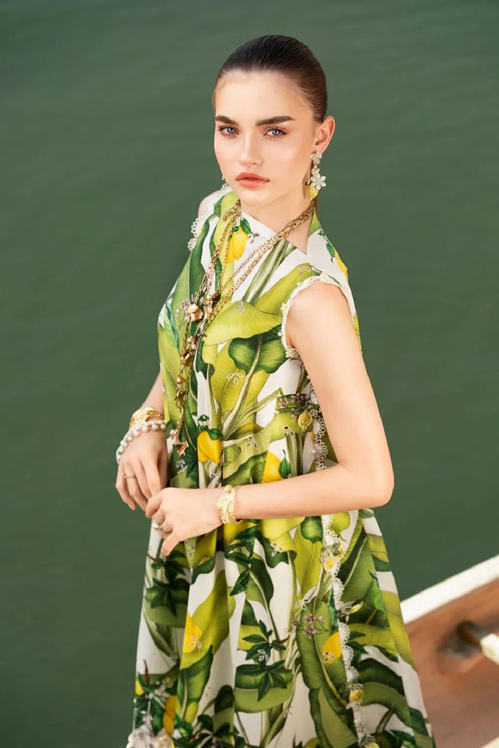 Olive Green Pure Lawn Printed Suit with Chiffon Dupatta