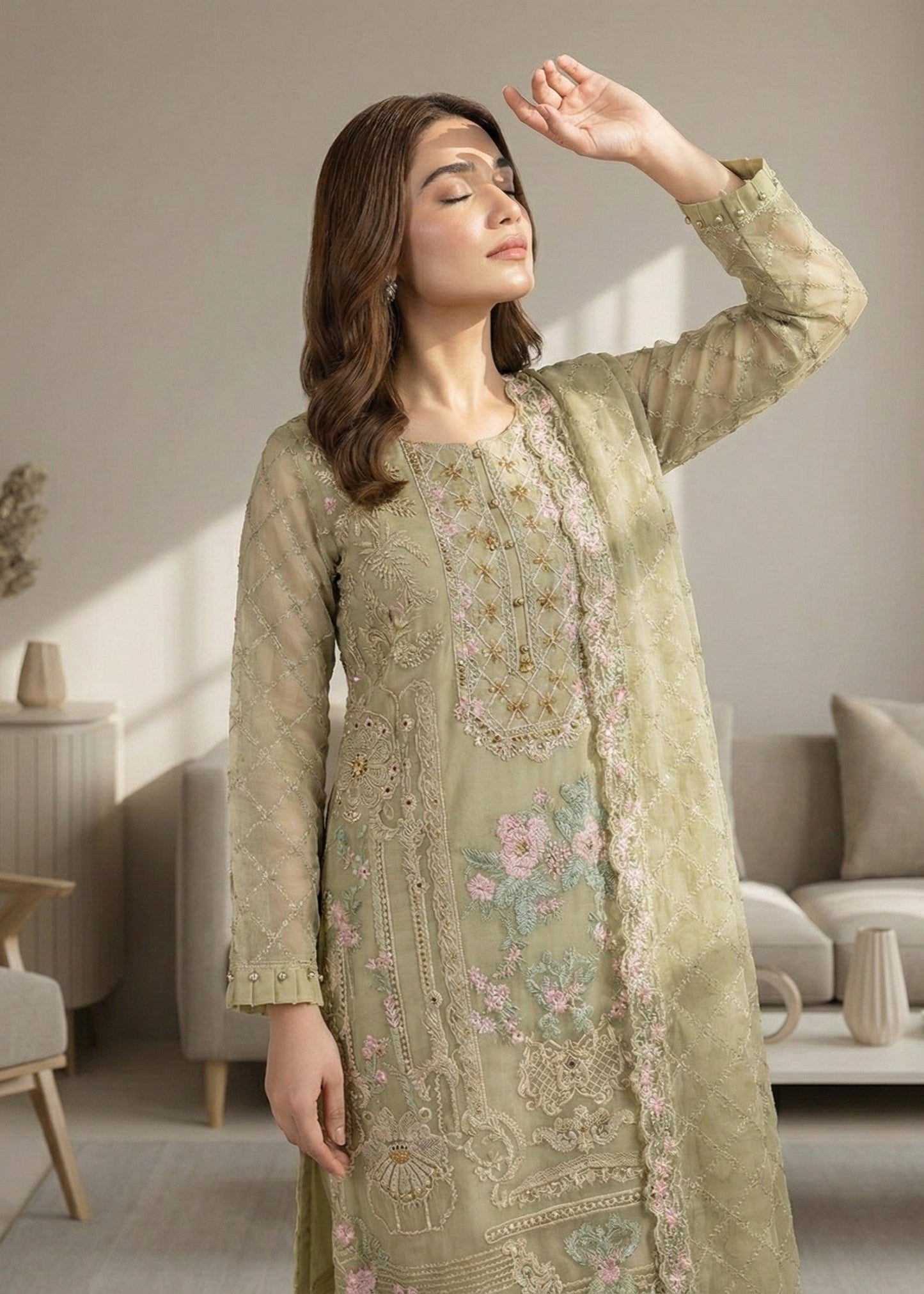 Organza Pistachio Green Embroidered Straight Kurta Online in Sri Lanka India Australia
