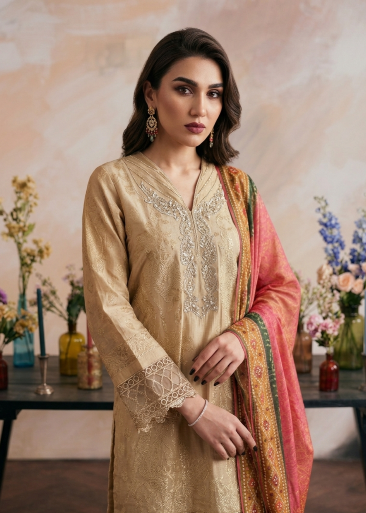 Pakistani Beige Jacquard Embroidered Suit Online in KSA Riyadh Saudi Arabia Oman Bahrain Qatar