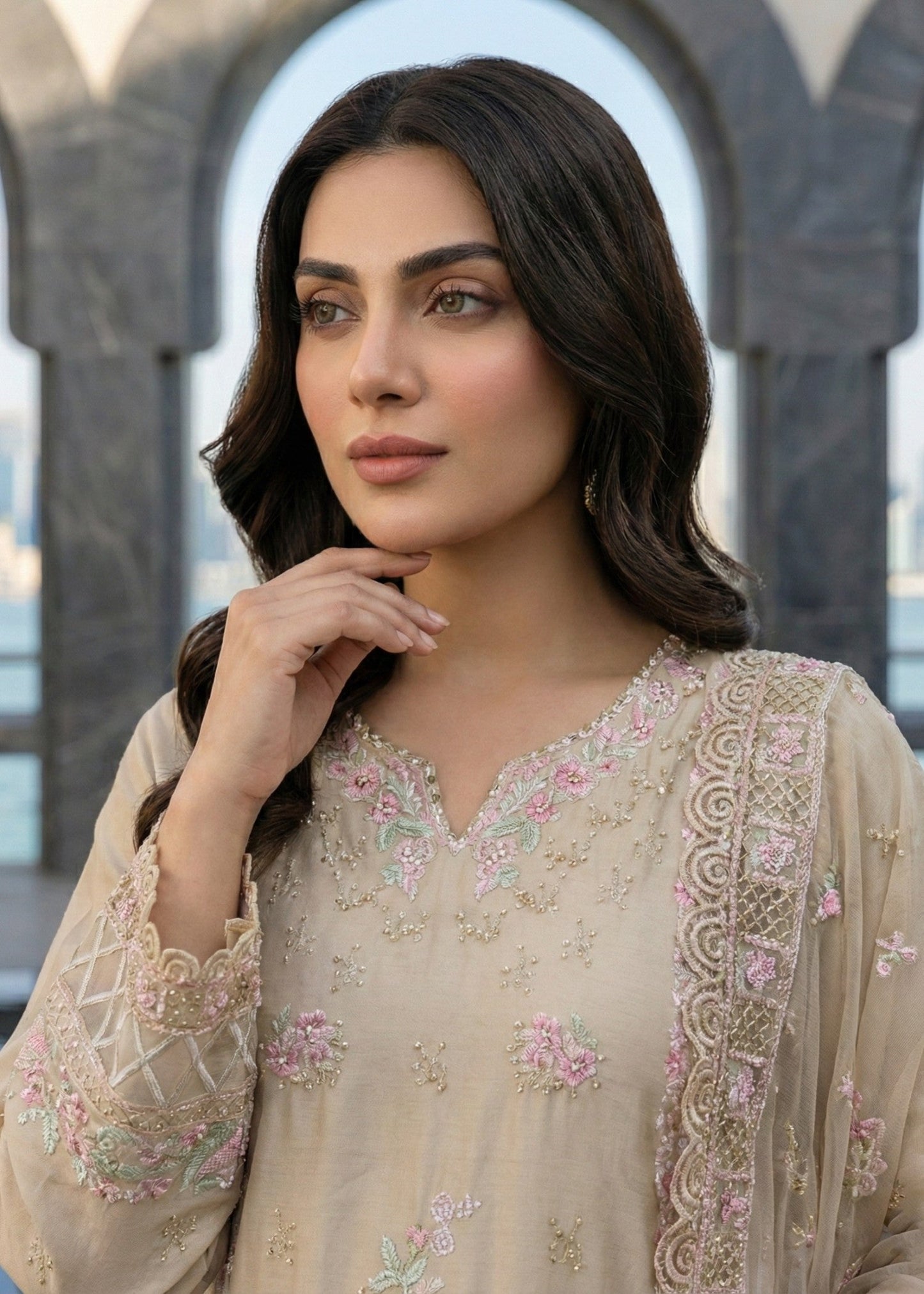 Pakistani Beige Lawn Embroidered Suit Online in Dubai DXB UAE Abudhabi Meena Bazaar
