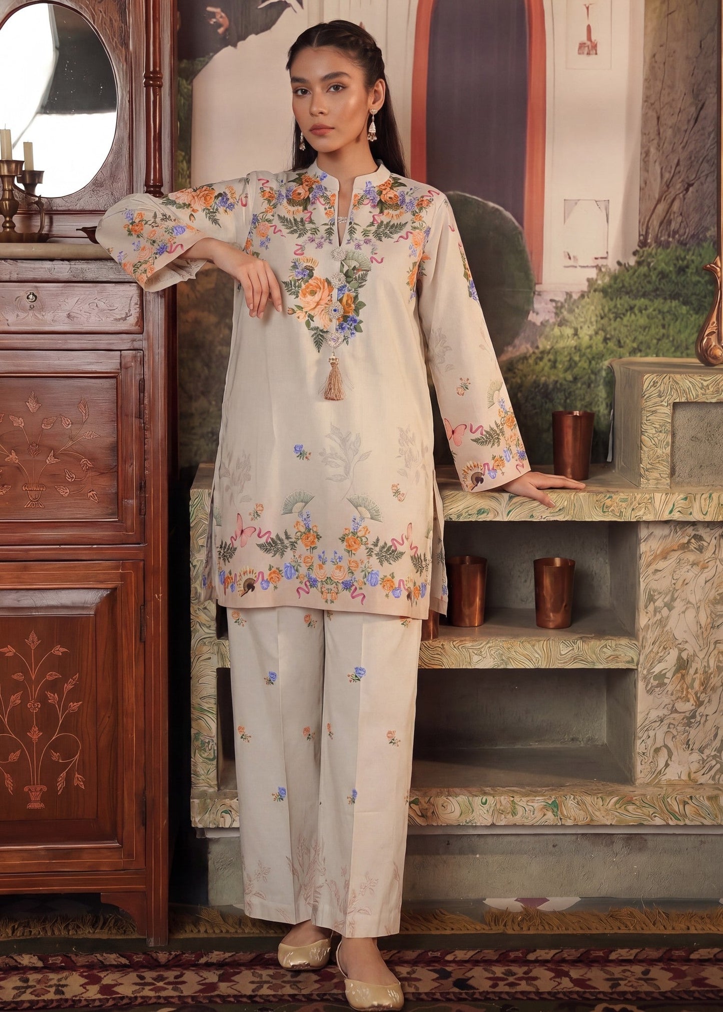 Pakistani Beige Lawn Printed Suit Online in KSA Riyadh Saudi Arabia Oman Bahrain Qatar