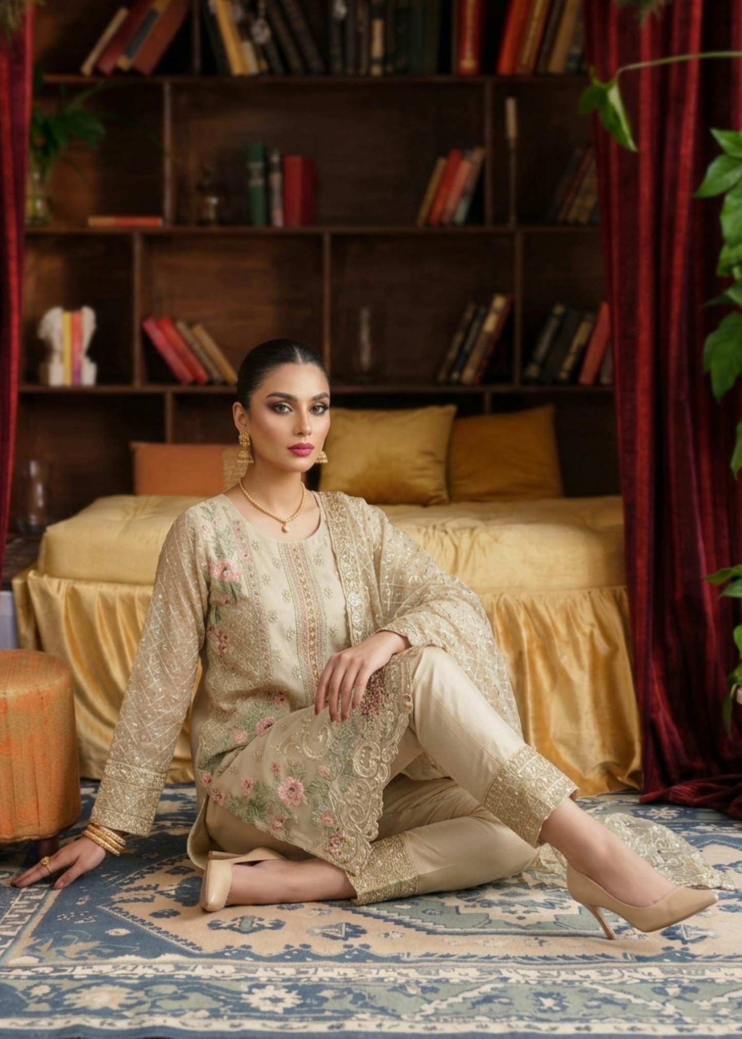 Pakistani Beige Organza Embroidered Suit Online in KSA Riyadh Saudi Arabia Oman Bahrain Qatar