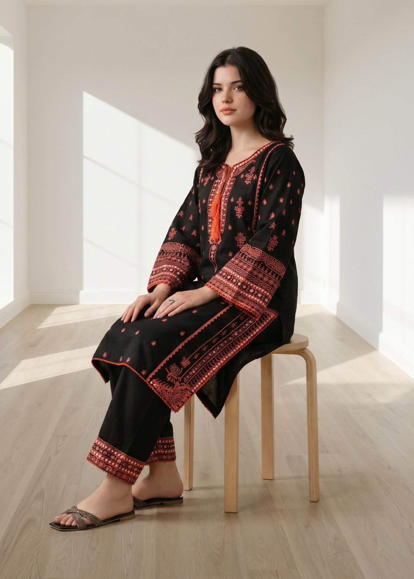 Pakistani Black Embroidered Lawn Kurta Churidar Online in KSA Riyadh Saudi Arabia Oman Bahrain Qatar