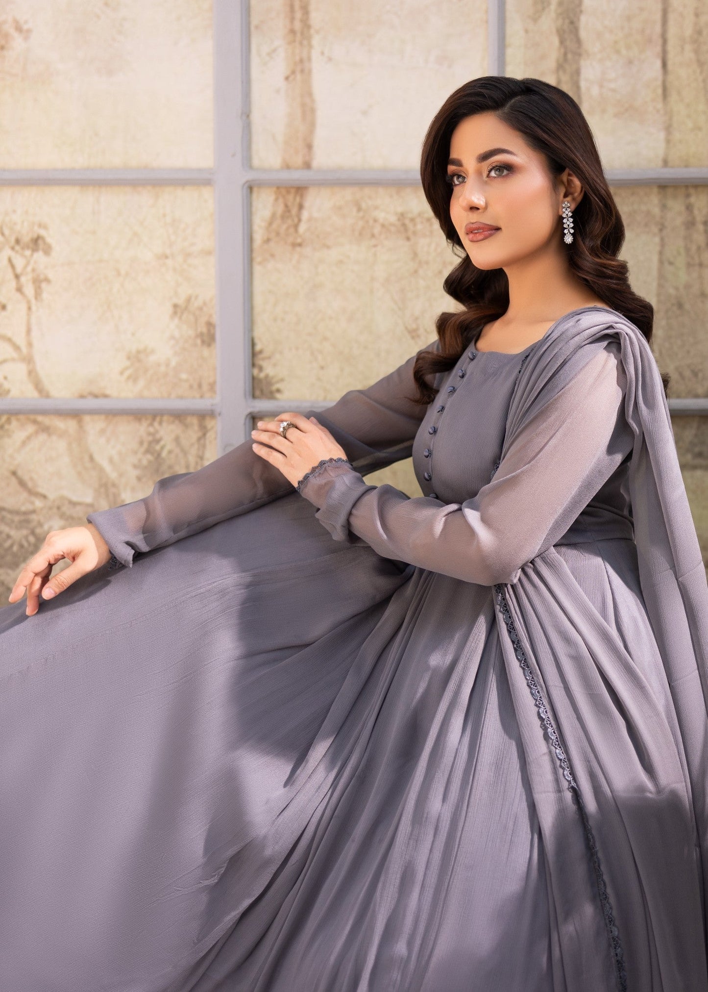 Pakistani Dark Grey Chiffon Festive Suit Online in KSA Riyadh Saudi Arabia Oman Bahrain Qatar
