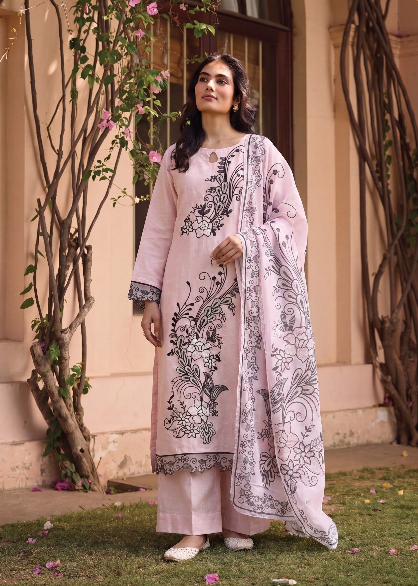 Pakistani Designer Baby Pink Embroidered Lawn Suit Online in Dubai UAE Abudhabi Ajman Sharjah