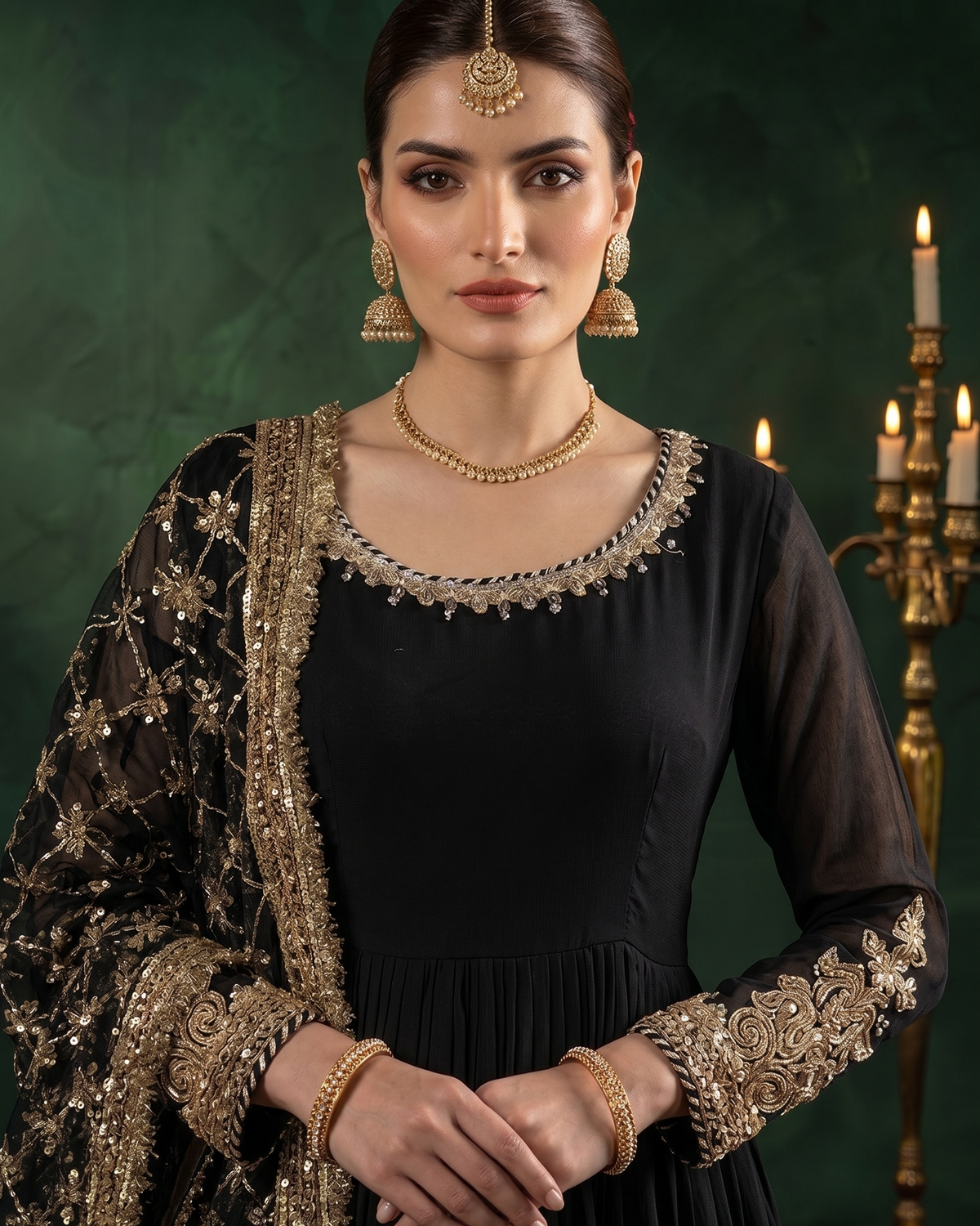 Pakistani Designer Black Chiffon Gotta Work Salwar Kameez Online in KSA Riyadh Saudi Arabia Oman Bahrain Qatar