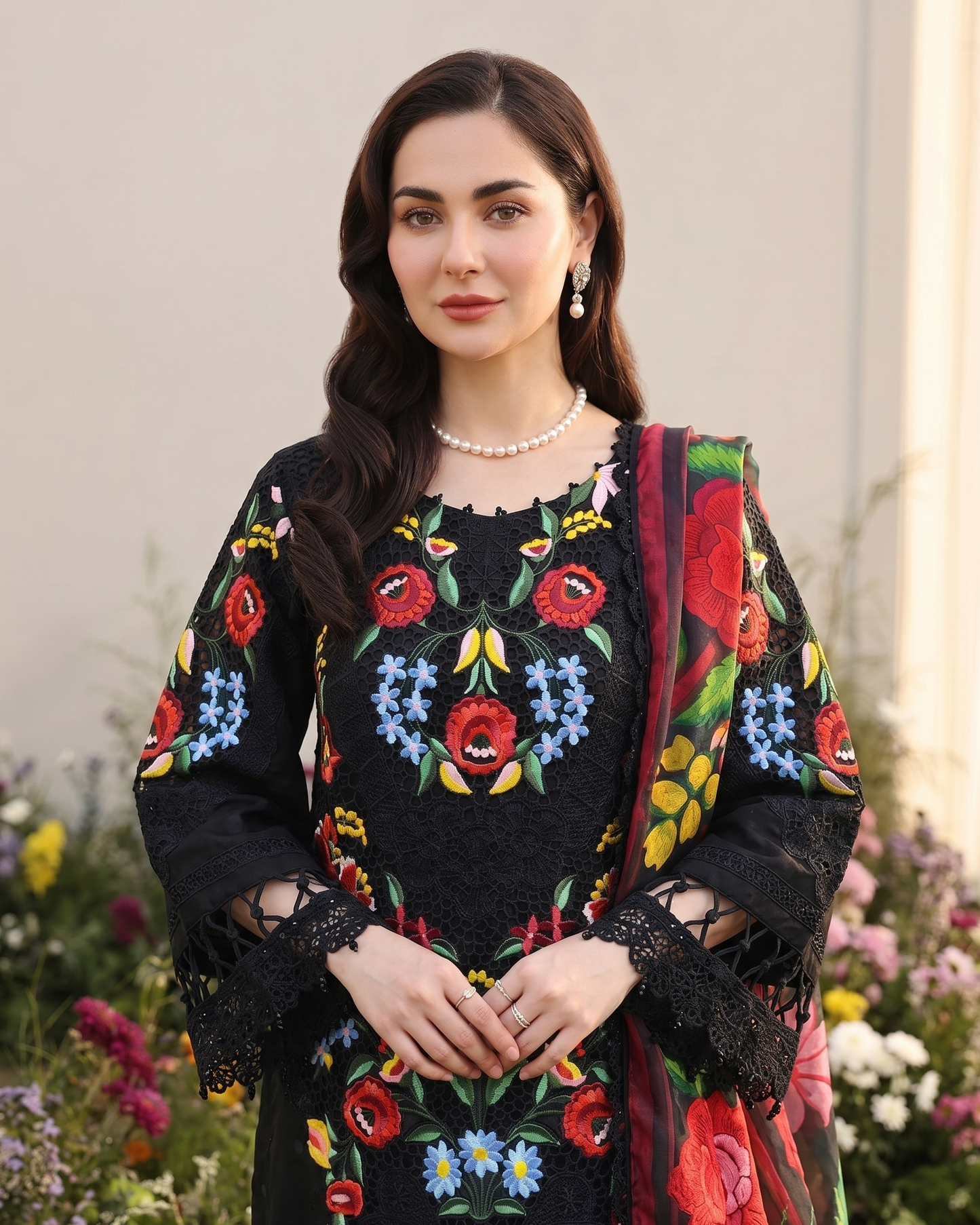 Pakistani Designer Black Cotton Ready to Wear Suit Online in KSA Riyadh Saudi Arabia Oman Bahrain Qatar