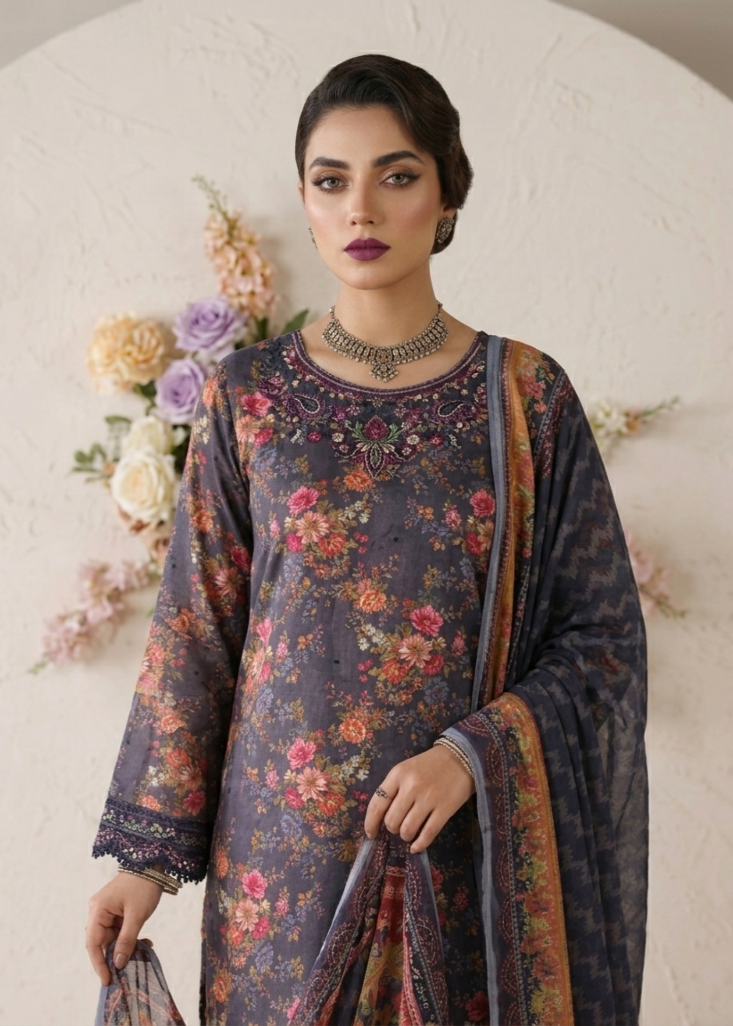 Pakistani Designer Charcoal Lawn Suit Online in KSA Riyadh Saudi Arabia Oman Bahrain Qatar