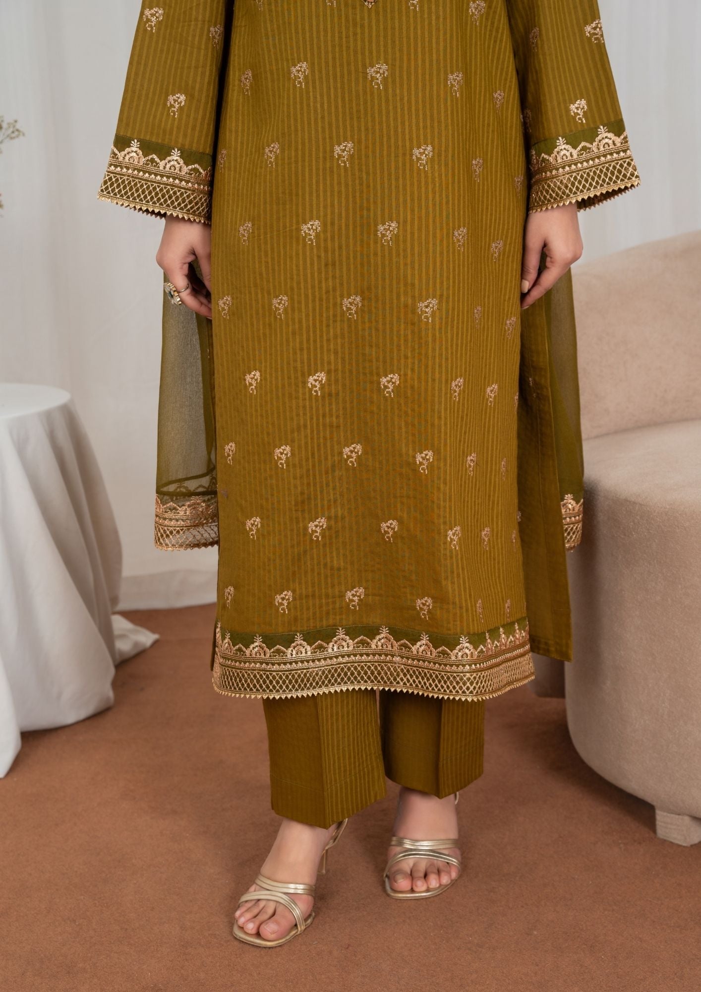 Pakistani Designer Golden Brown Lawn Salwar Kameez Online in KSA Riyadh Saudi Arabia Oman Bahrain Qatar