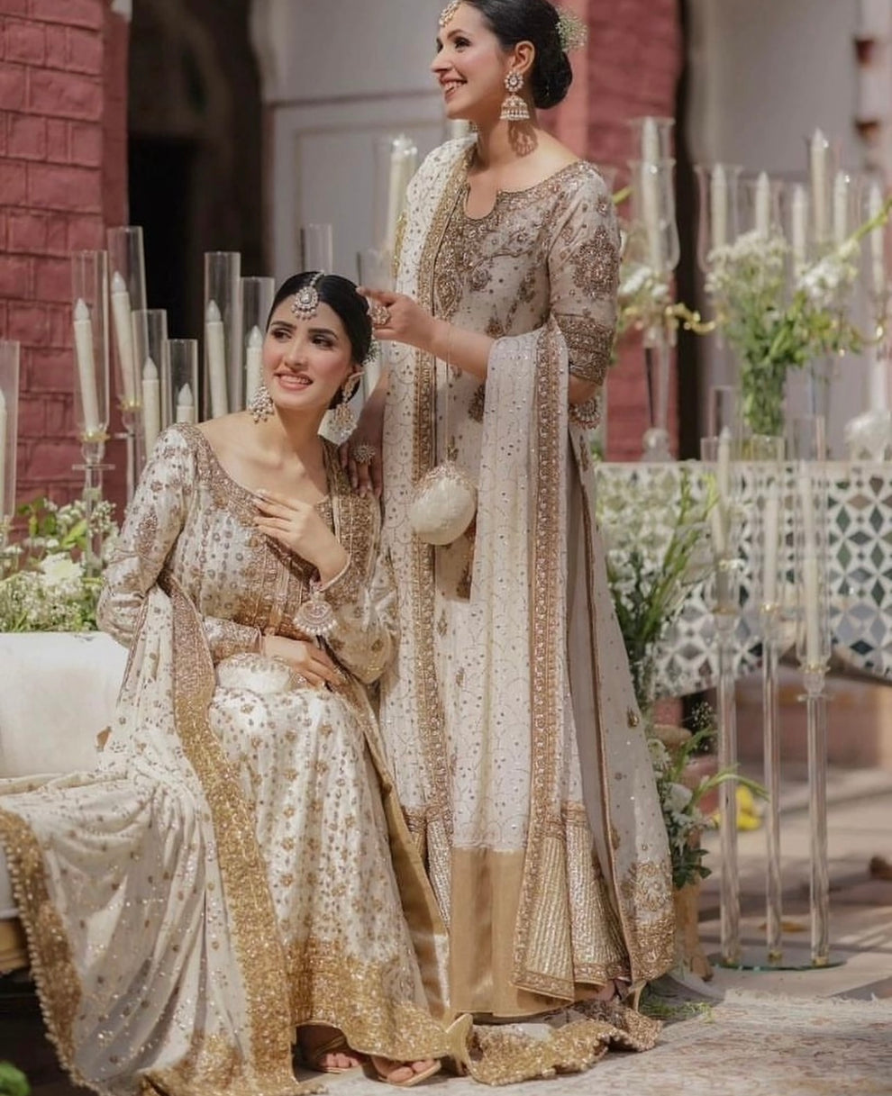 Pakistani Designer Off White Embellished Raw Silk Bridal Suit Online in KSA Riyadh Saudi Arabia Oman Bahrain Qatar