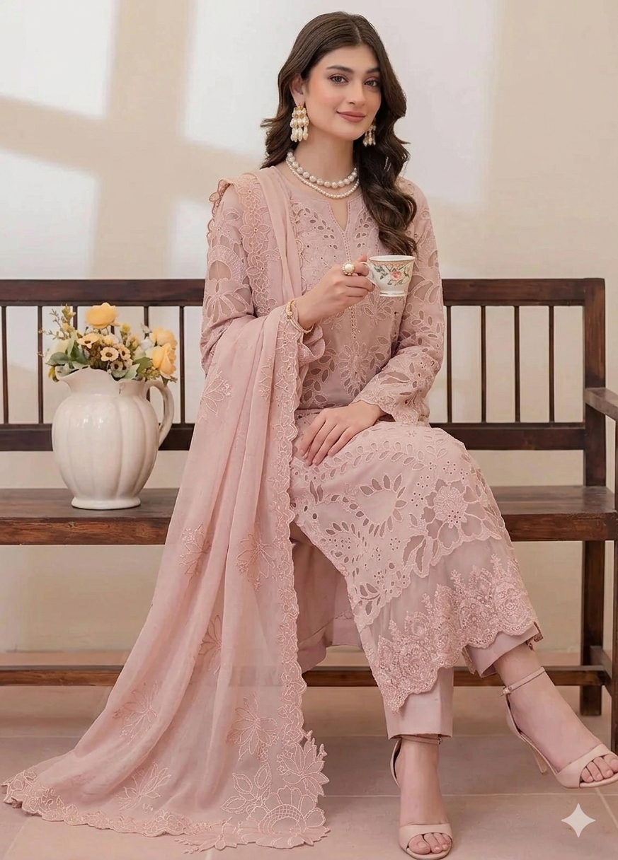 Pakistani Designer Peach Lawn Salwar Suit Online in KSA Riyadh Saudi Arabia Oman Bahrain Qatar