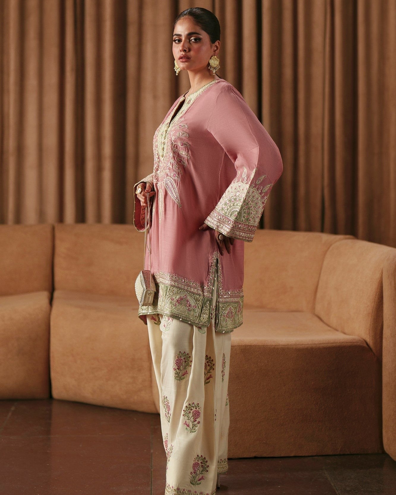 Pakistani Designer Pink Silk Farshi Shalwar Suit Online in KSA Riyadh Saudi Arabia Oman Bahrain Qatar