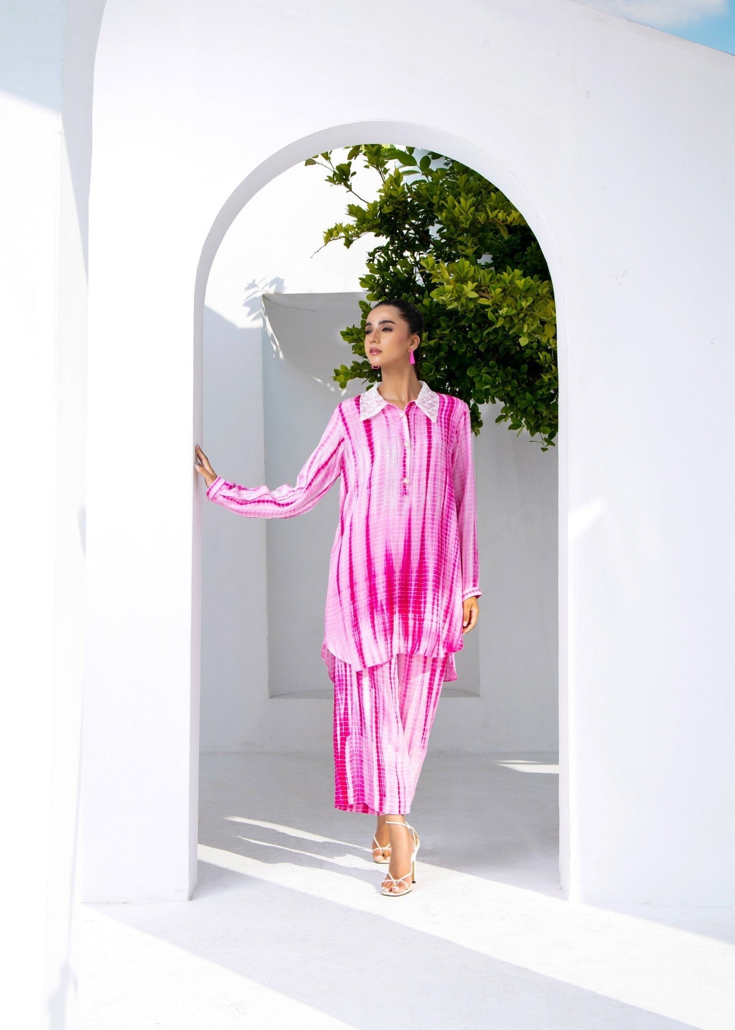 Pakistani Designer Pink Tie Dye Raw Silk Suit Online in KSA Riyadh Saudi Arabia Oman Bahrain Qatar