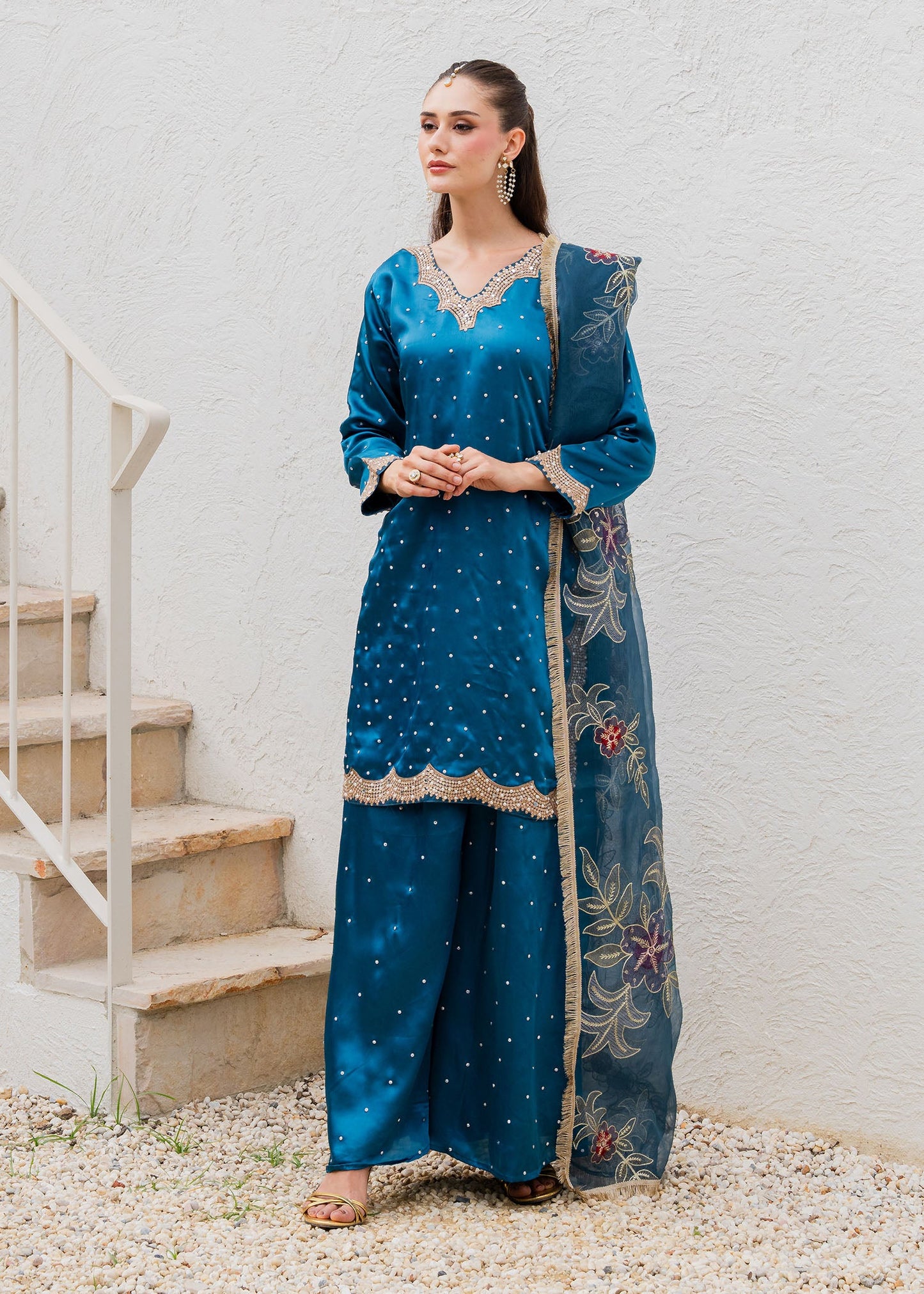 Pakistani Designer Sapphire Blue Charmuse Outfit Online in Sri Lanka India Australia