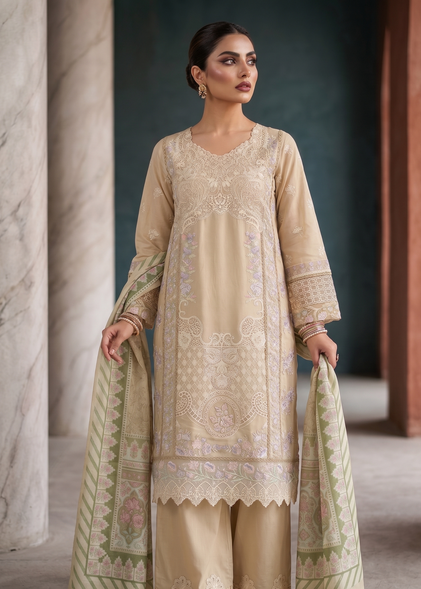Pakistani Embroidered Beige Lawn Suit Online in KSA Riyadh Saudi Arabia Oman Bahrain Qatar