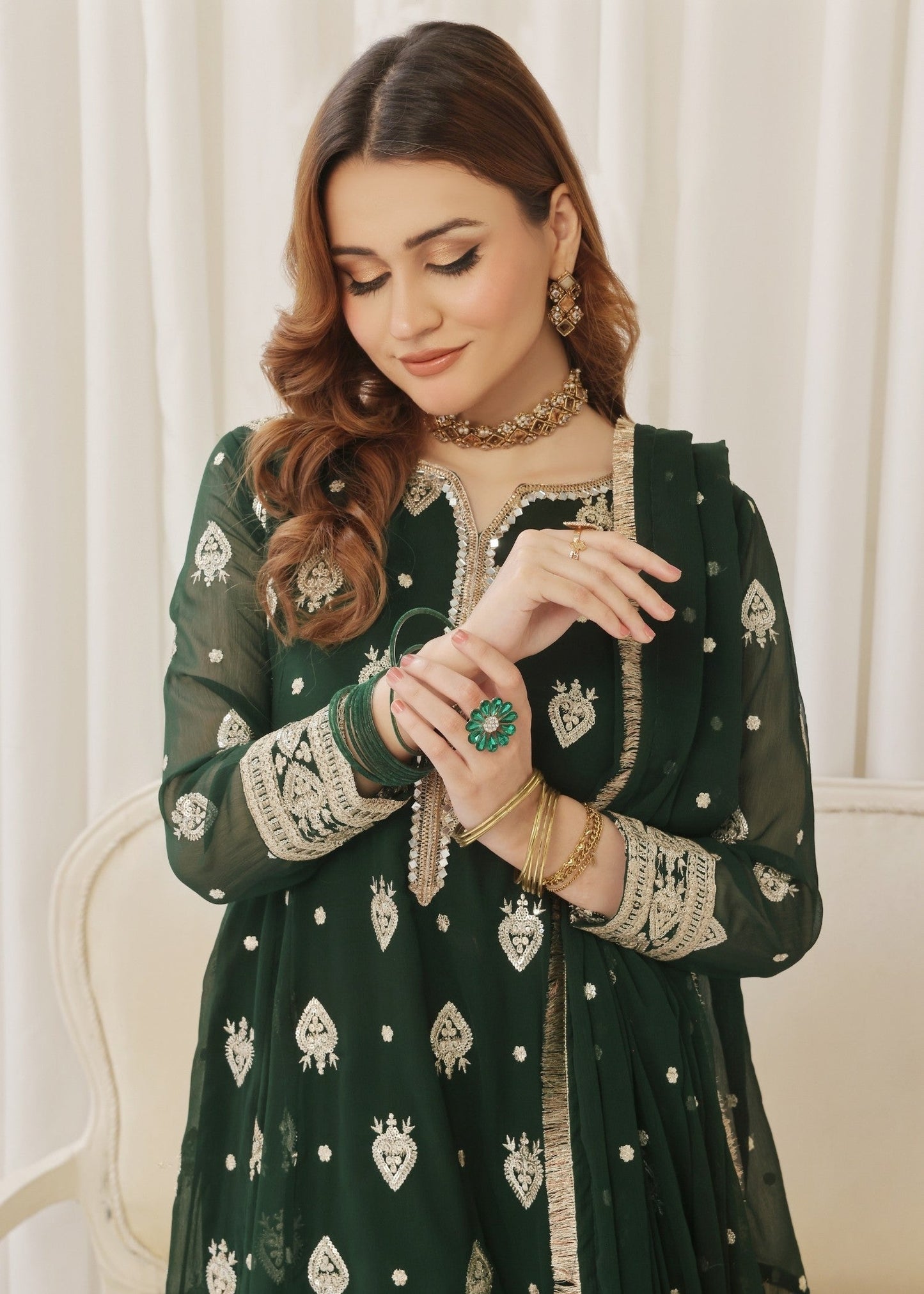 Pakistani Green Embroidered Festive Suit Online in KSA Riyadh Saudi Arabia Oman Bahrain Qatar