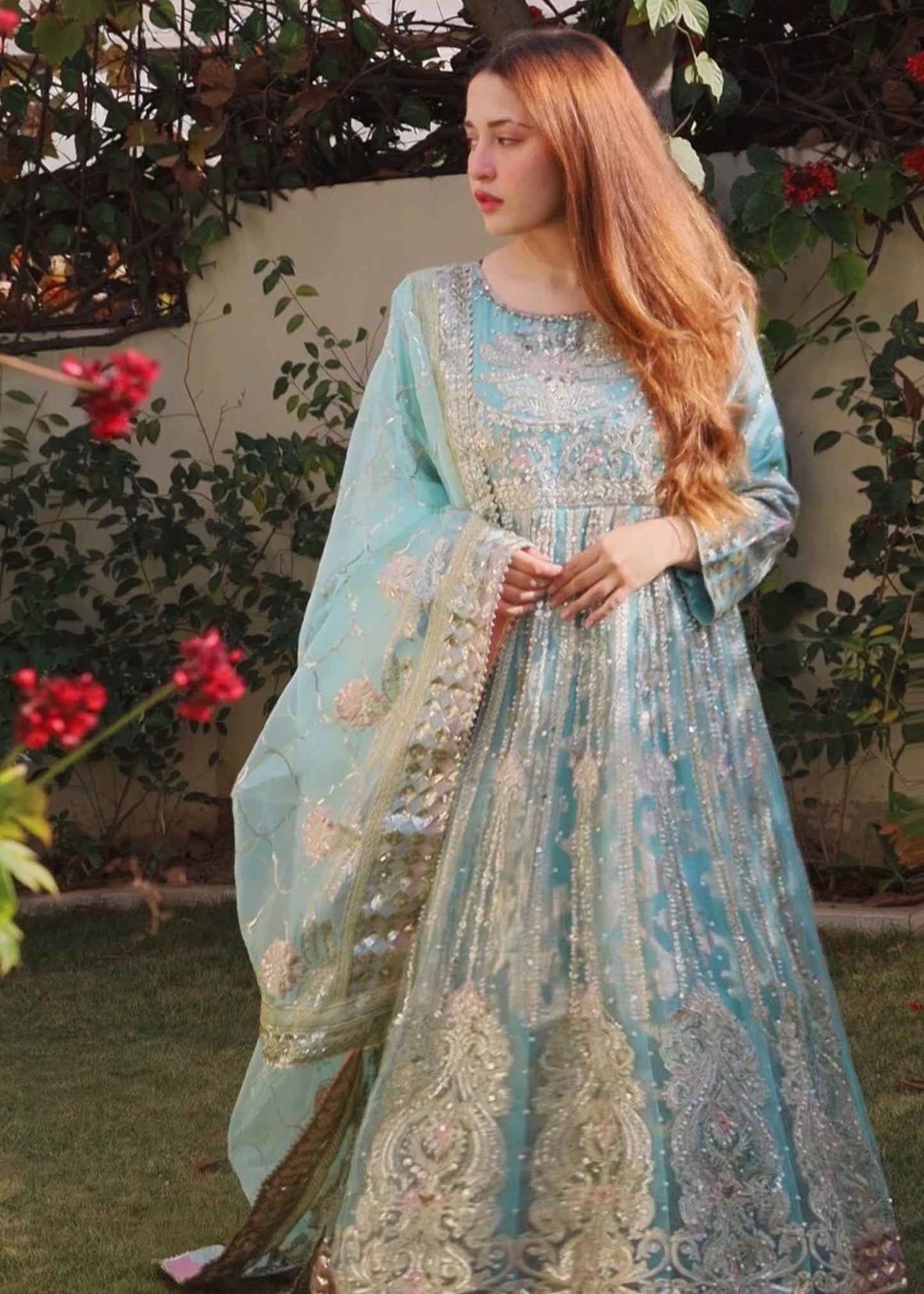 Pakistani Ice Blue Net Maxi Gown Online in KSA Riyadh Saudi Arabia Oman Bahrain Qatar