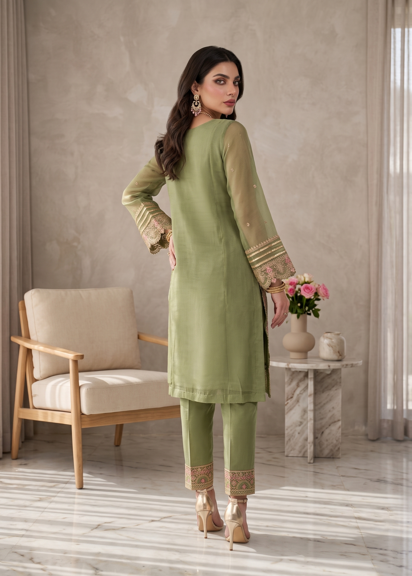 Pakistani Olive Green Organza Embroidered Suit Online in KSA Riyadh Saudi Arabia Oman Bahrain Qatar
