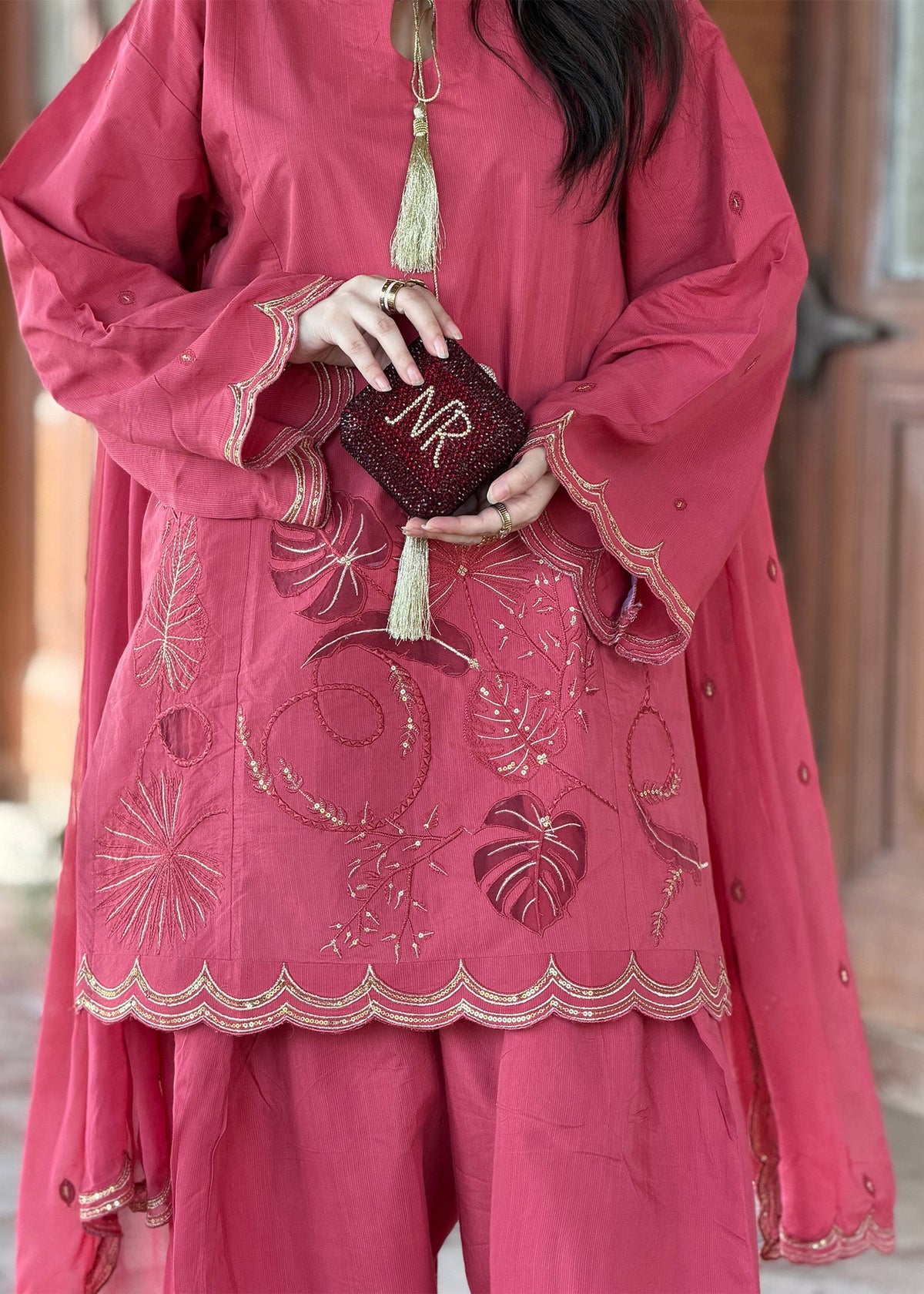 Pakistani Partywear Hot Pink Raw Silk Farshi Shalwar Online in KSA Riyadh Saudi Arabia Oman Bahrain Qatar