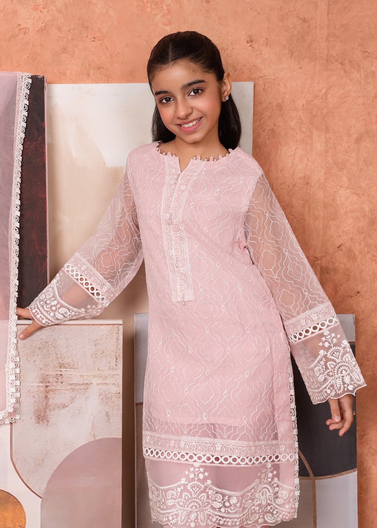 Pakistani Pink Cotton Silk Long Kurta with Dupatta Online in KSA Riyadh Saudi Arabia Oman Bahrain Qatar