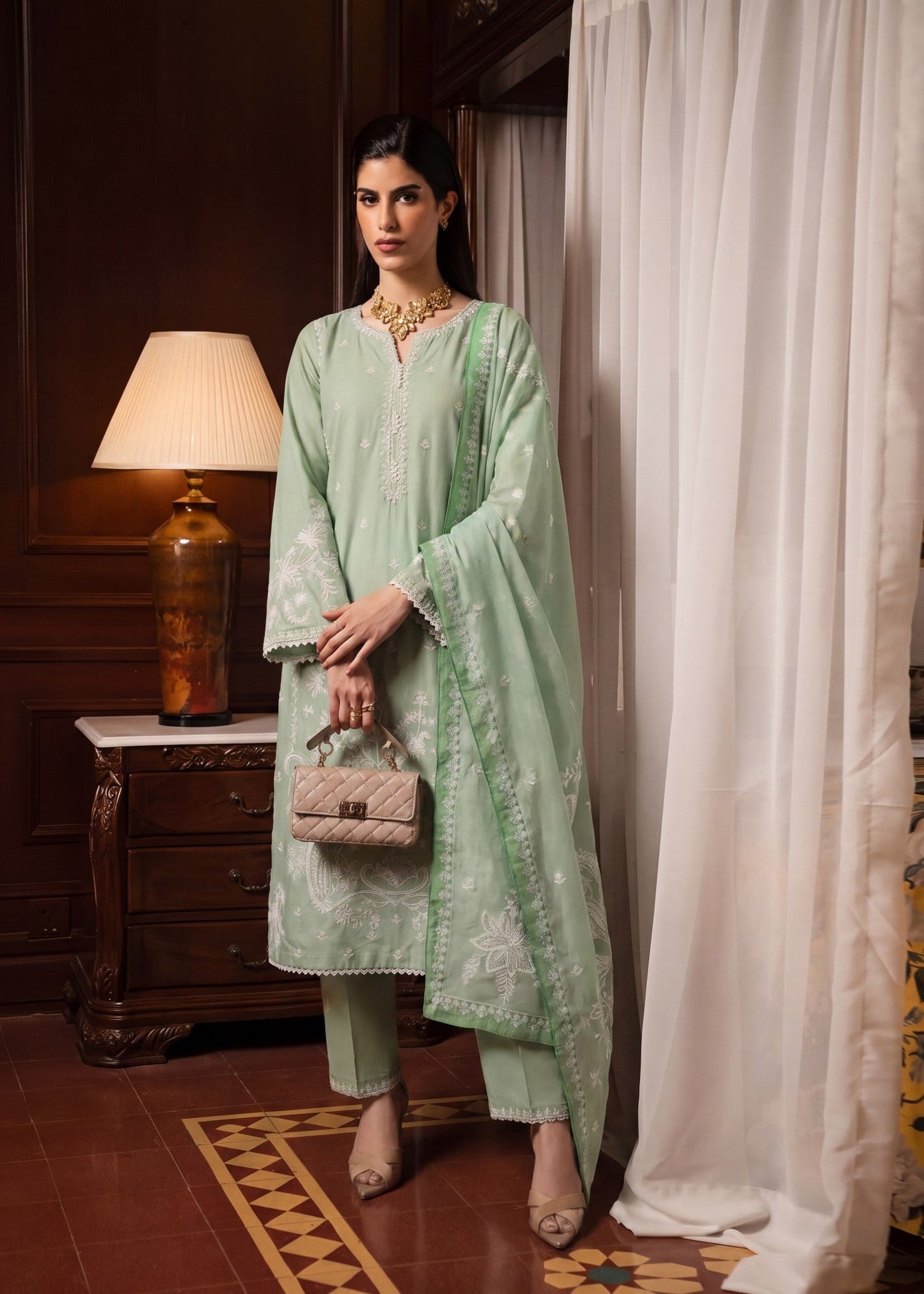 Pakistani Pistachio Green Embroidered Lawn Outfit Online in KSA Riyadh Saudi Arabia Oman Bahrain Qatar