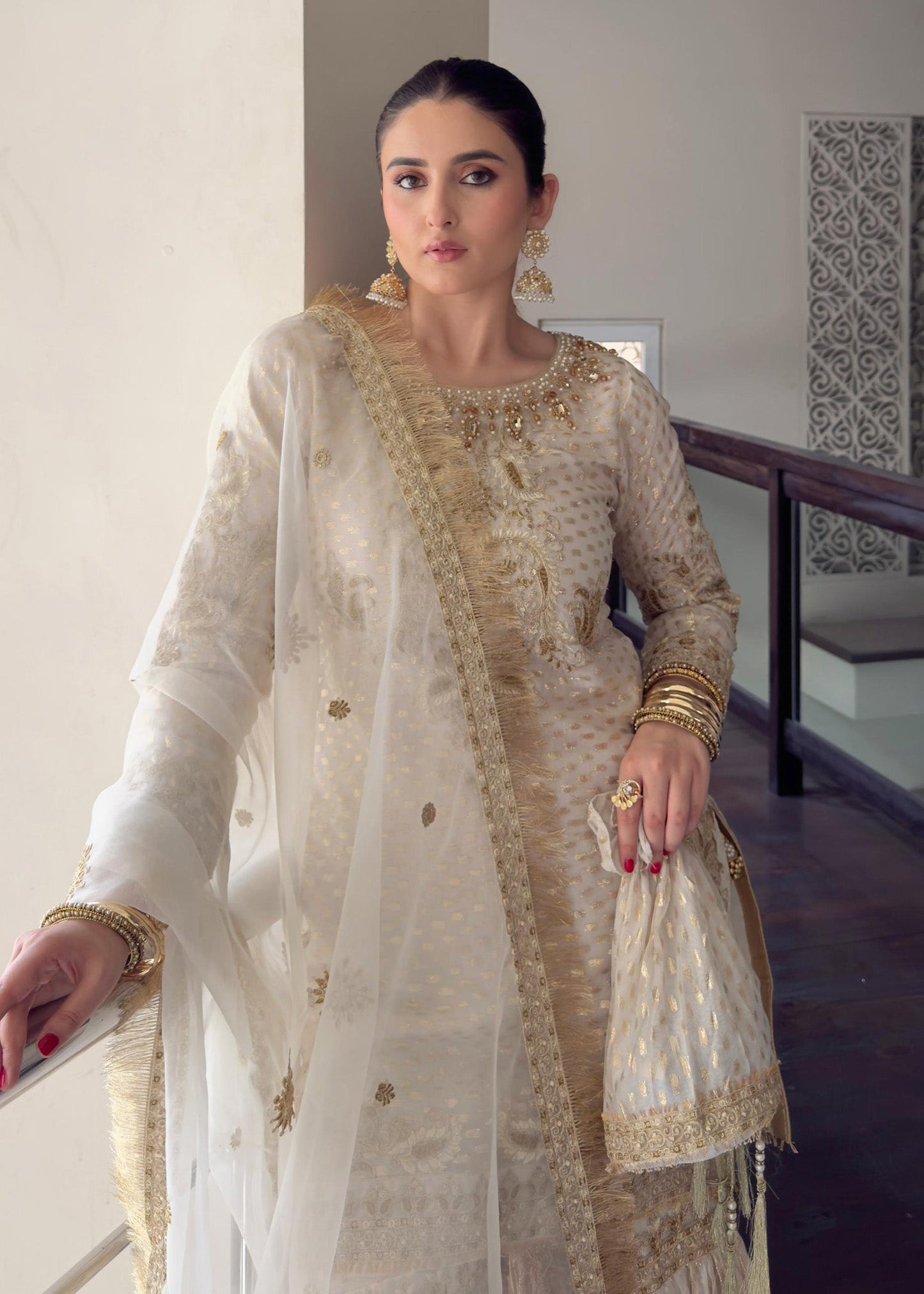 Pakistani White Gharara Set Zari Organza Online in KSA Riyadh Saudi Arabia Oman Bahrain Qatar