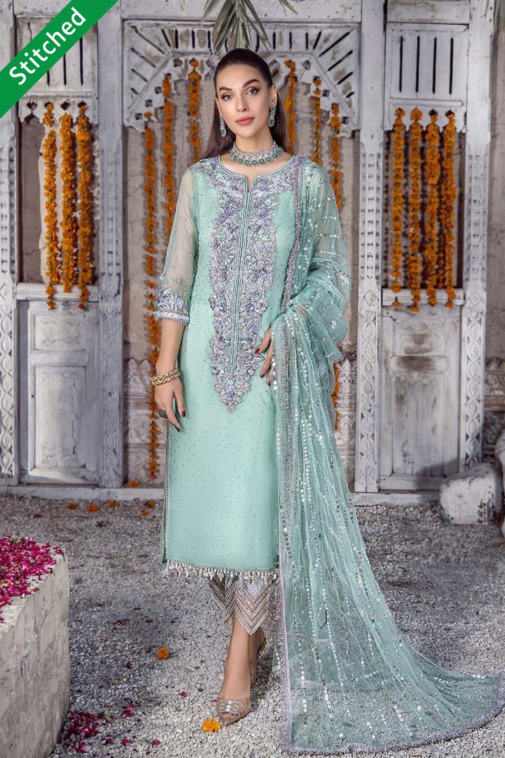 Turquoise Readymade Pure Organza Suit