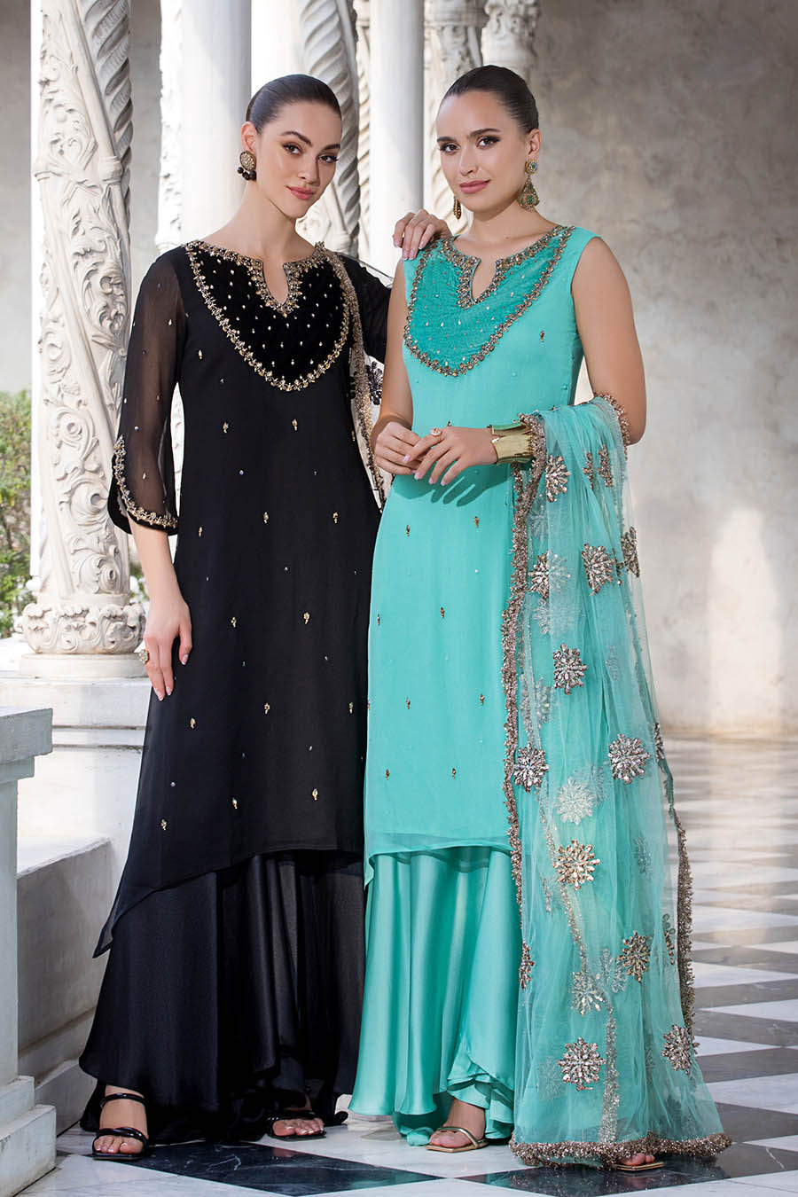 Sea Green Sharara Suit with Hand Work