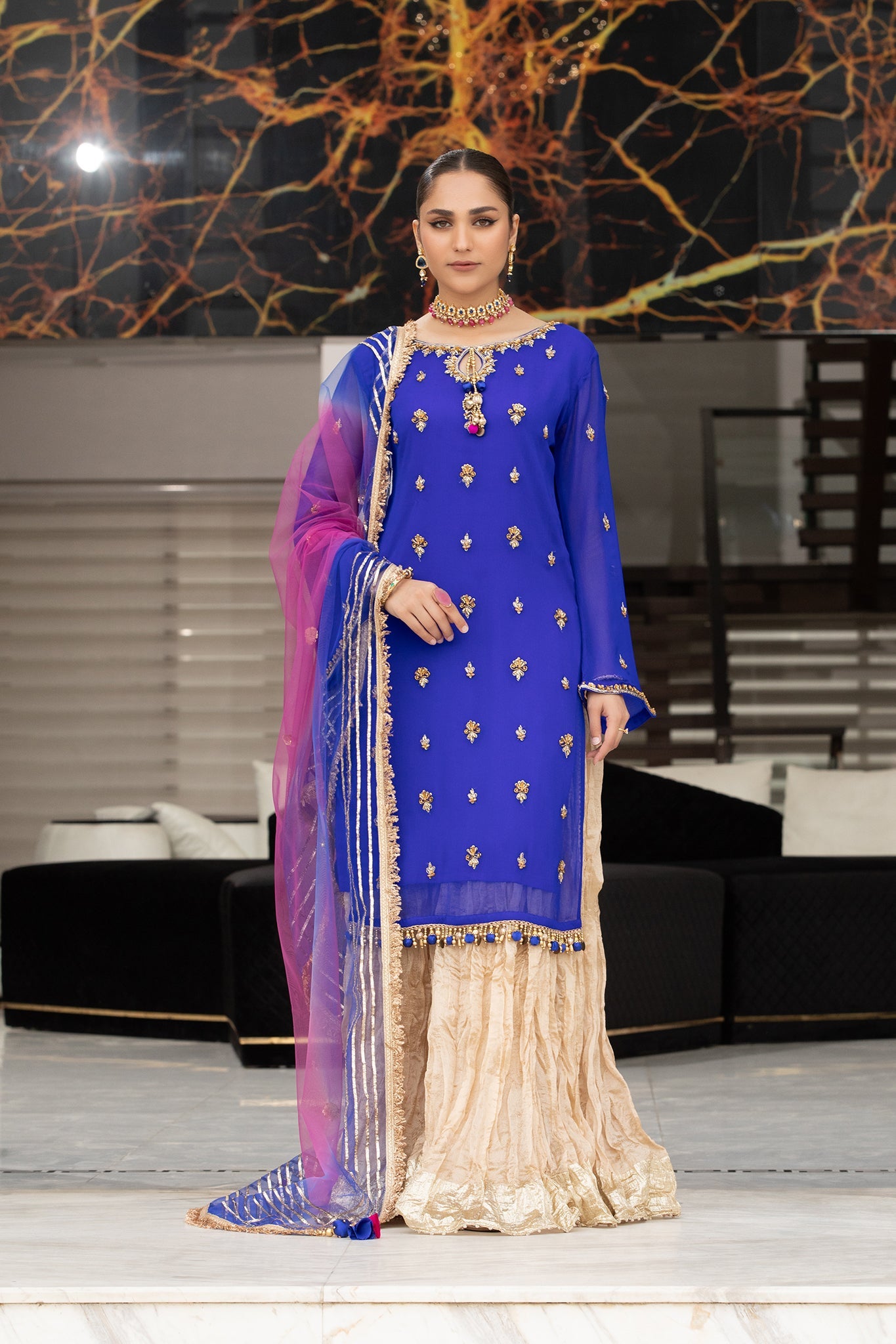 Blue Pure Chiffon Handmade Sharara
