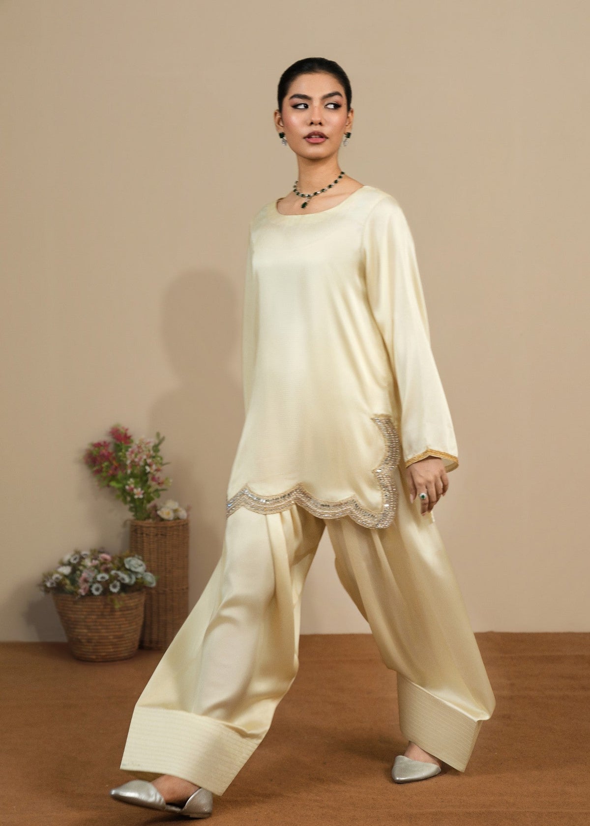 Pale Yellow Embellished Silk Ladies Partywear Suit Online in Dubai UAE Abudhabi Ajman Sharjah