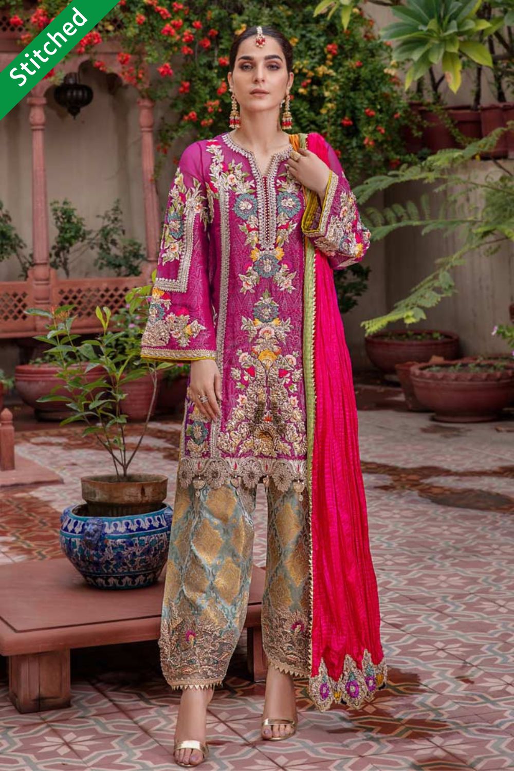 Magenta Readymade Pure Jamawar Suit