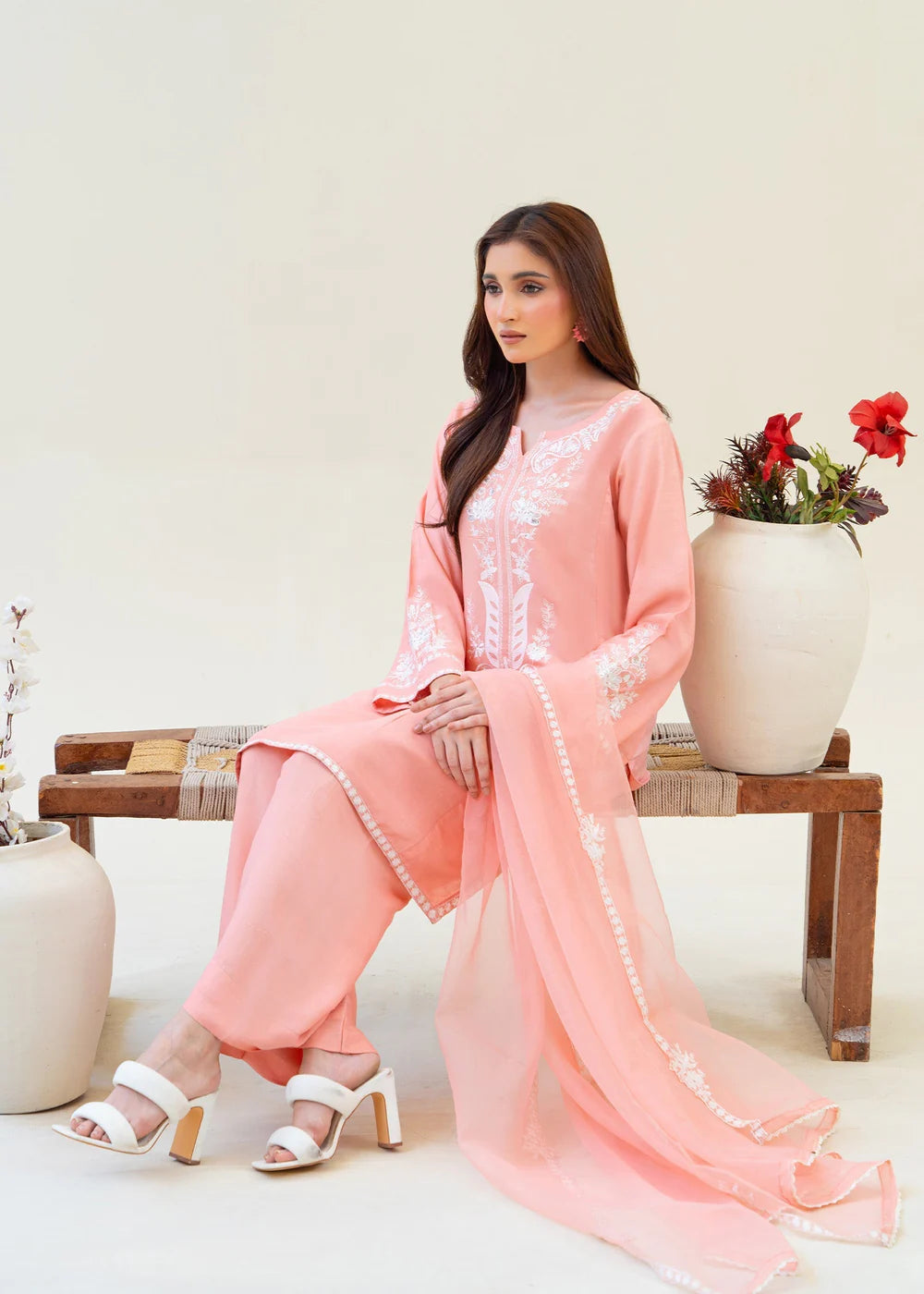 Baby Pink Viscose Raw Silk Embroidered Kurta Set with Dupatta