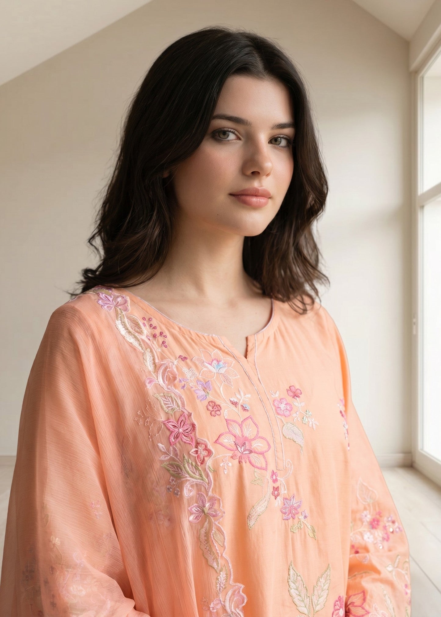 Peach Embroidered Lawn Cotton 3 Piece Suit Online in Dubai UAE Abudhabi Ajman Sharjah