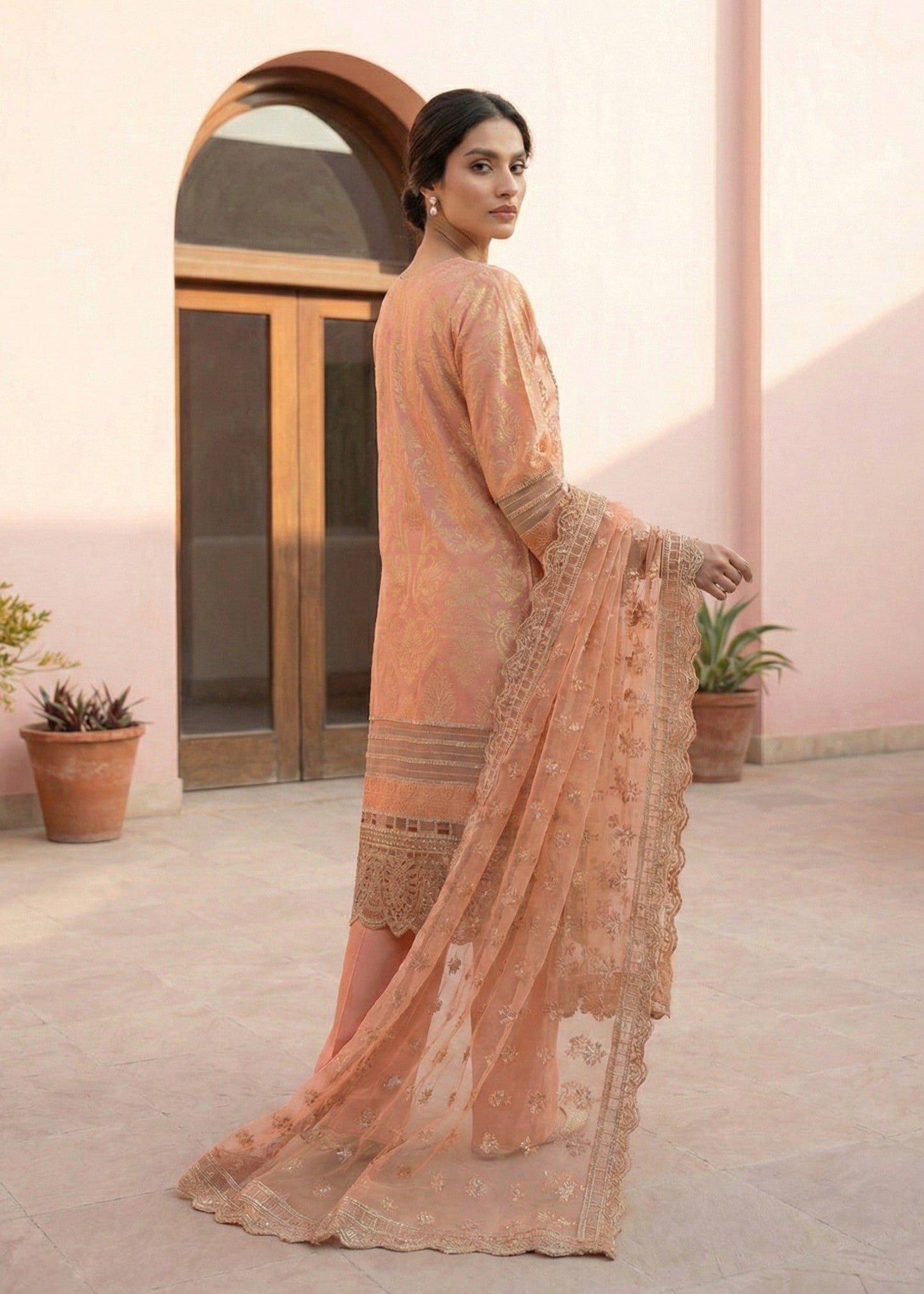 Peach Embroidered Lawn Party Wear Suit Online in Dubai UAE Abudhabi Ajman Sharjah
