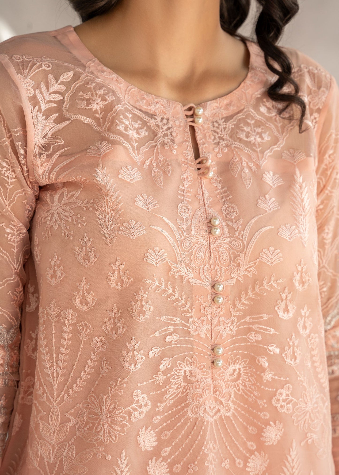 Peach Organza Embellished Partywear Suit Online in Dubai UAE Abudhabi Ajman Sharjah