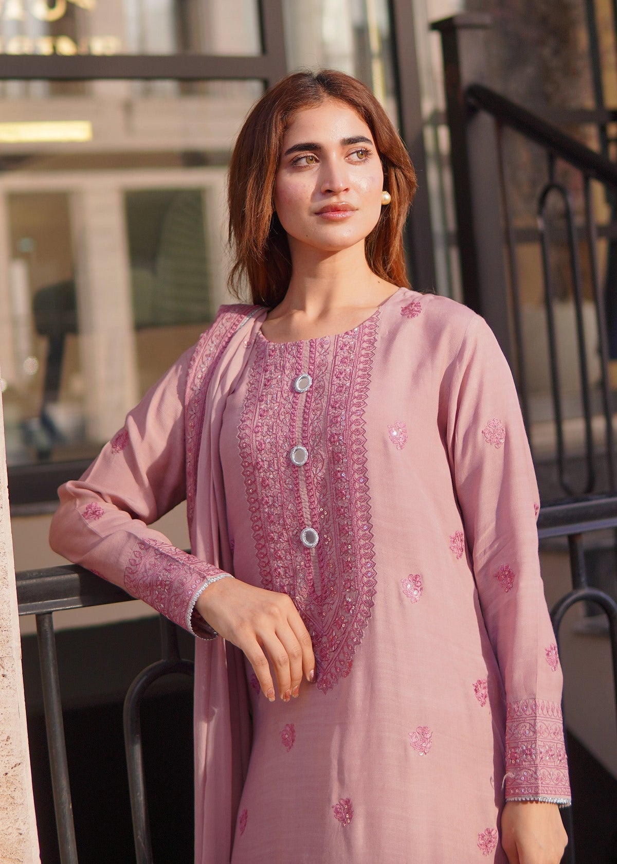 Peach Pink Raw Silk Chiffon Dupatta Designer Salwar Kameez Online in Dubai UAE Abudhabi Ajman Sharjah