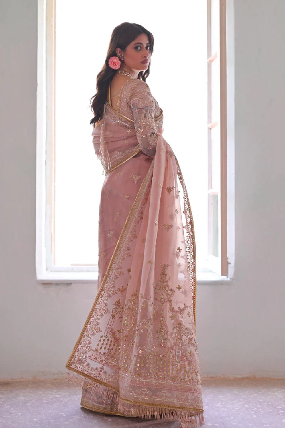 Peachy Pink Pure Organza Wedding Saree