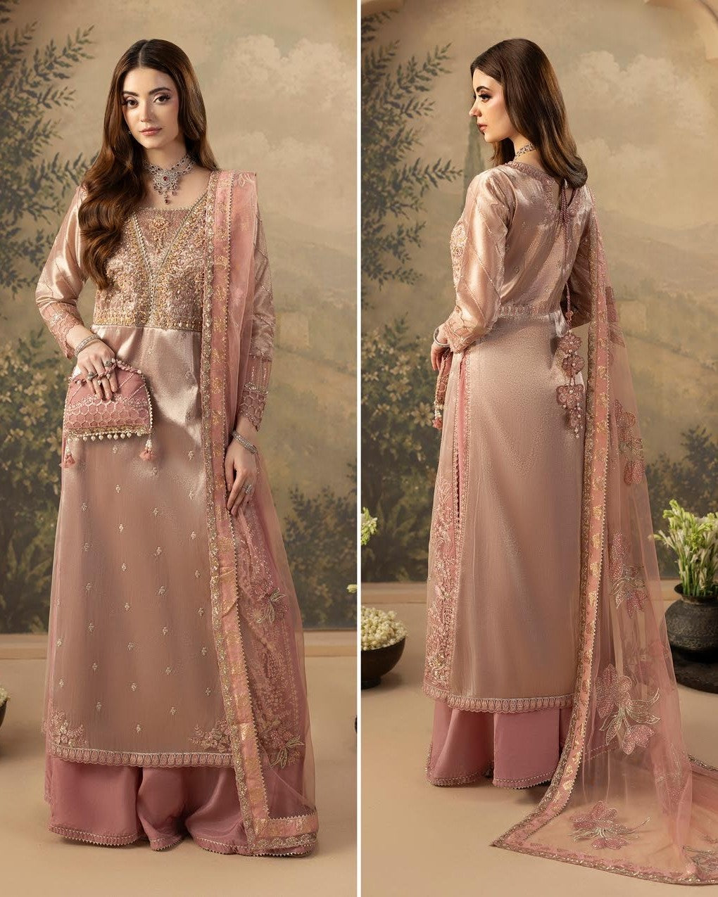 Pink Hand Embroidered Silk Sharara Set Online in KSA Riyadh Saudi Arabia Oman Bahrain Qatar
