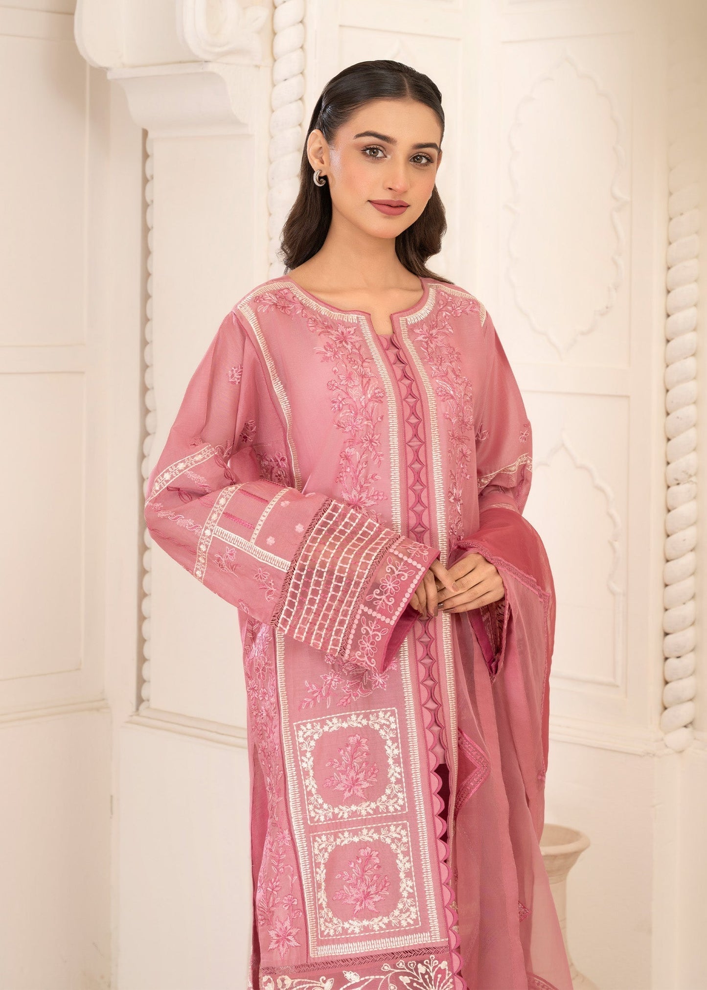Pink Organza Patch Work Lawn Suit Online in Sri Lanka India Australia
